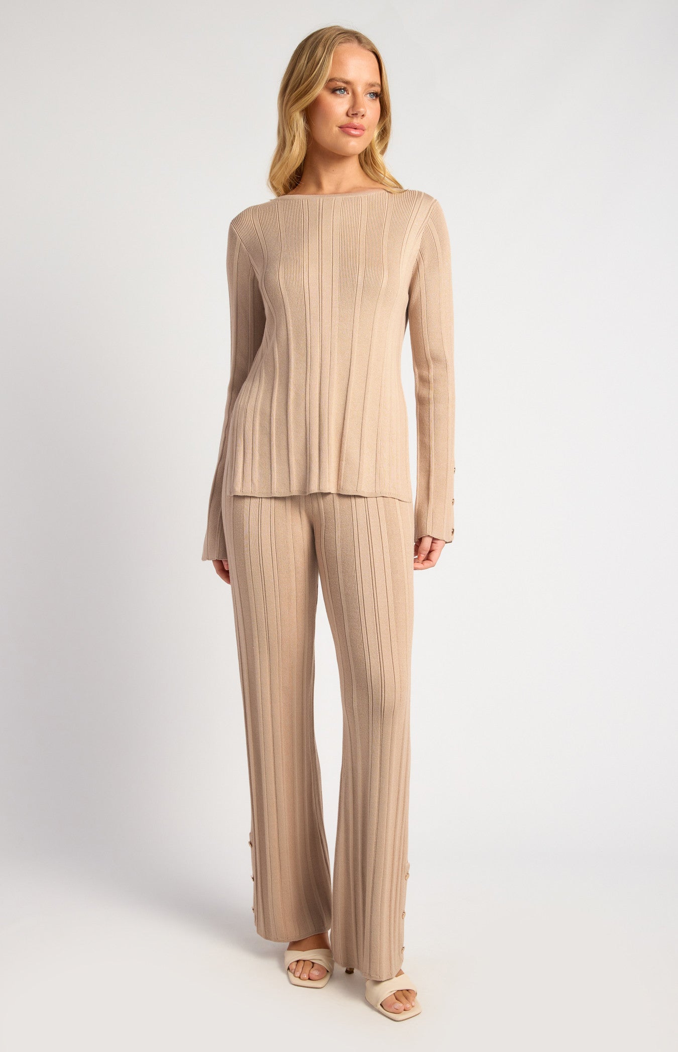 Wide Rib Gold Button Detail Knit Pants