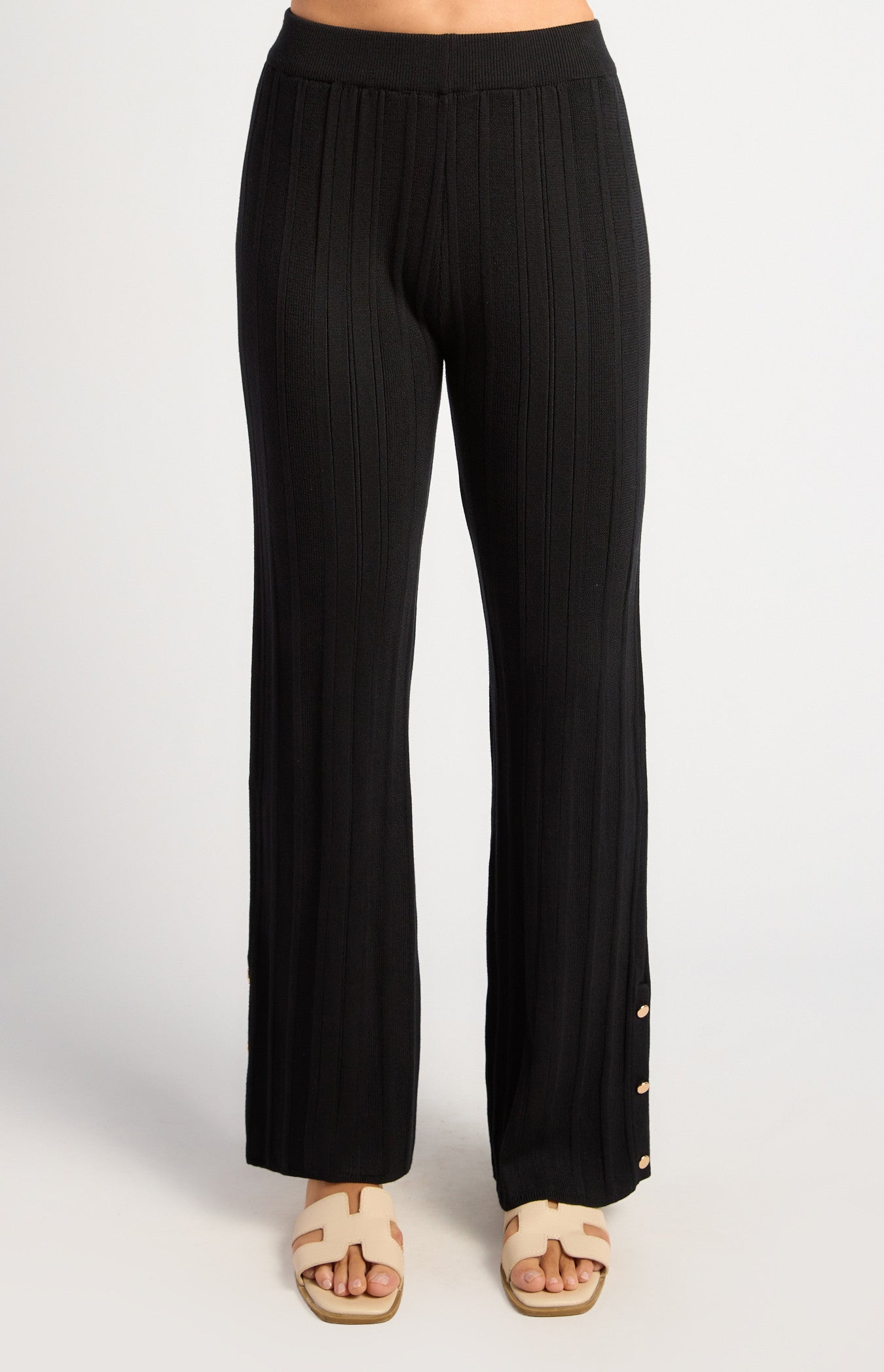 Wide Rib Gold Button Detail Knit Pants