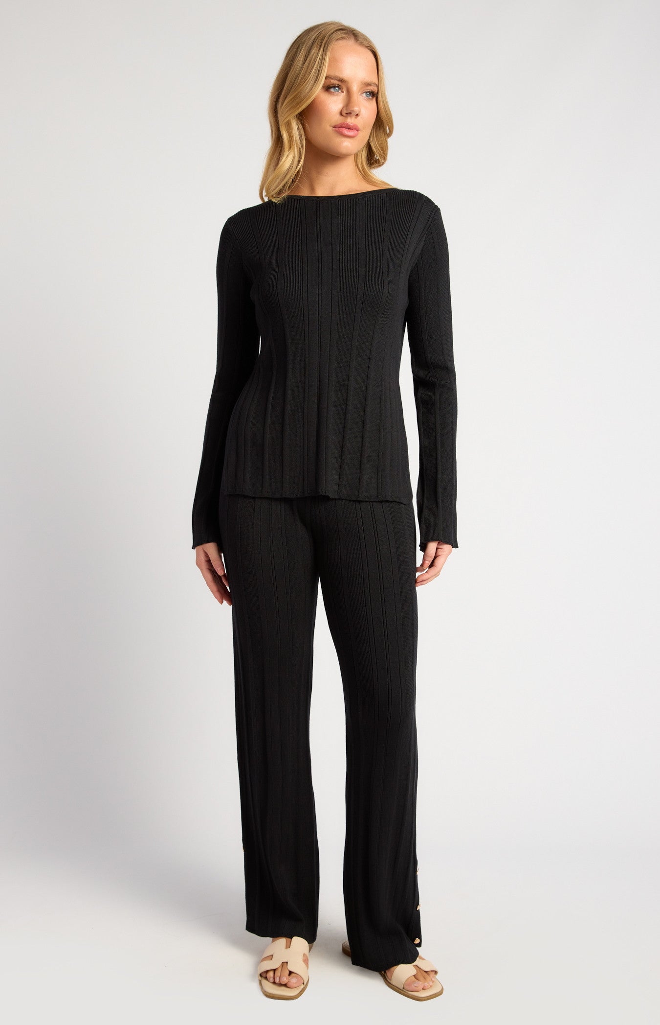 Wide Rib Gold Button Detail Knit Pants