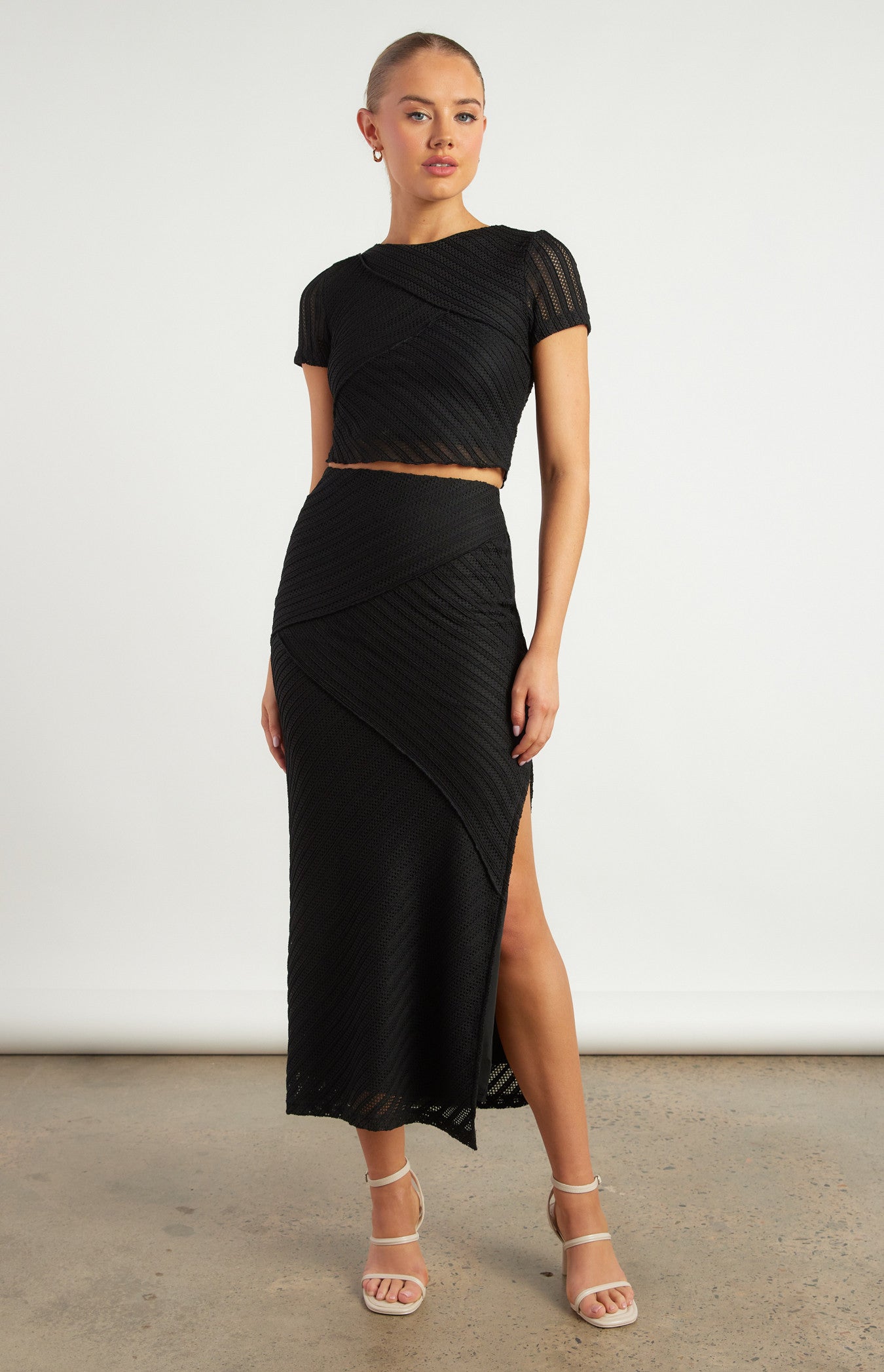 Textured Contrast Panel Jersey Top and Skirt Set
