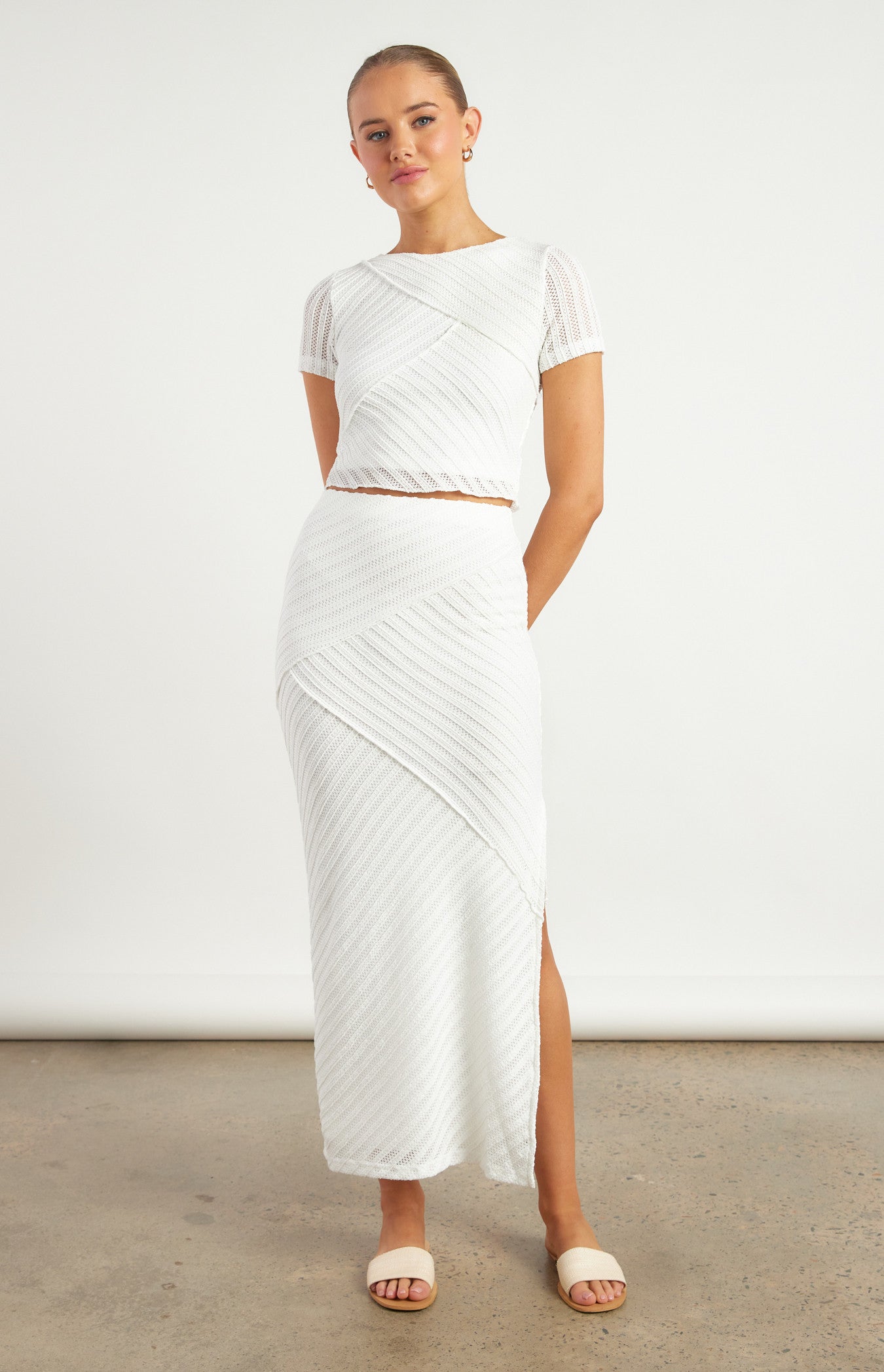 Textured Contrast Panel Jersey Top and Skirt Set