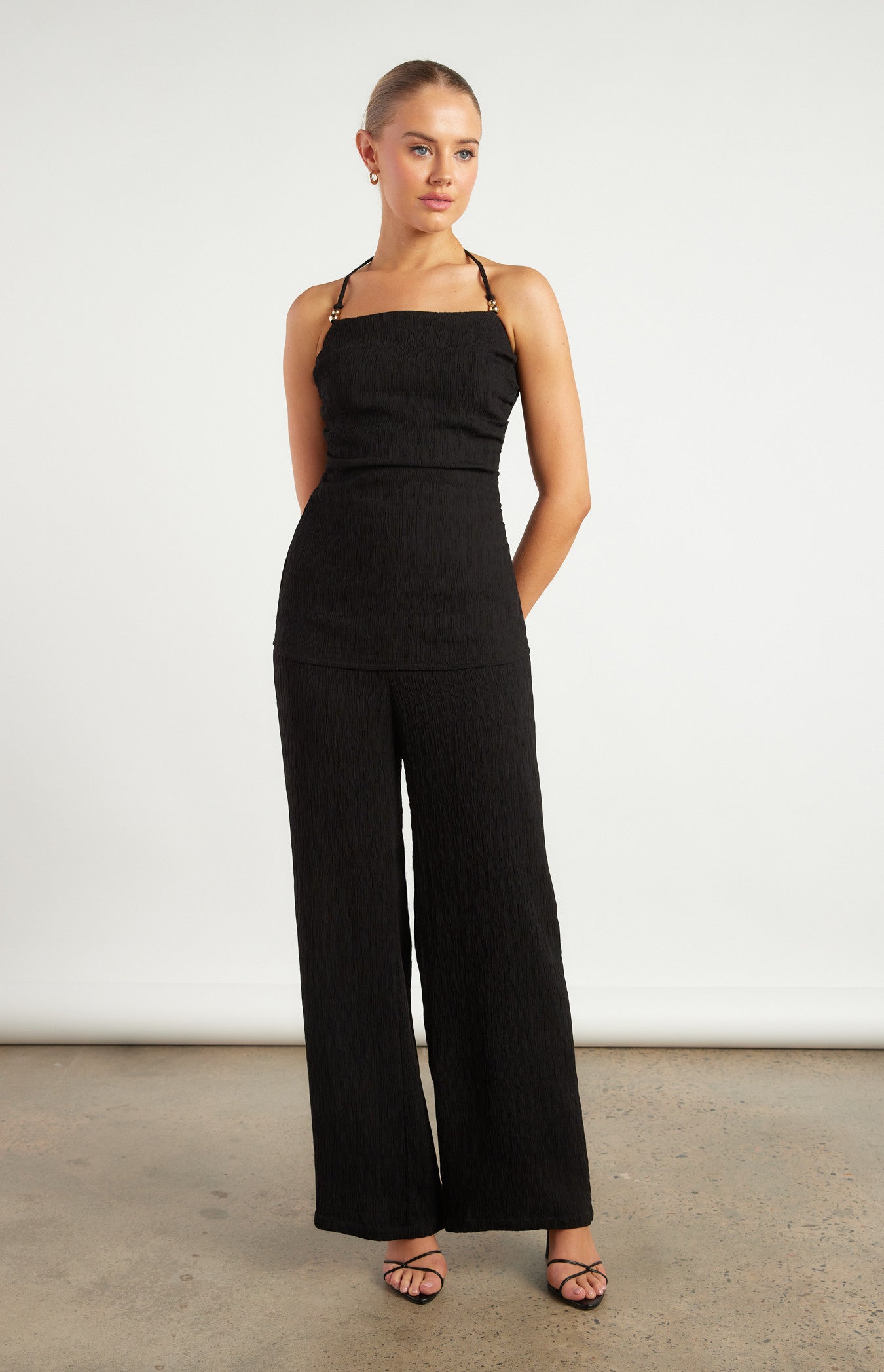 Gold Beaded Detail Textured Set with Halter Top and Pants