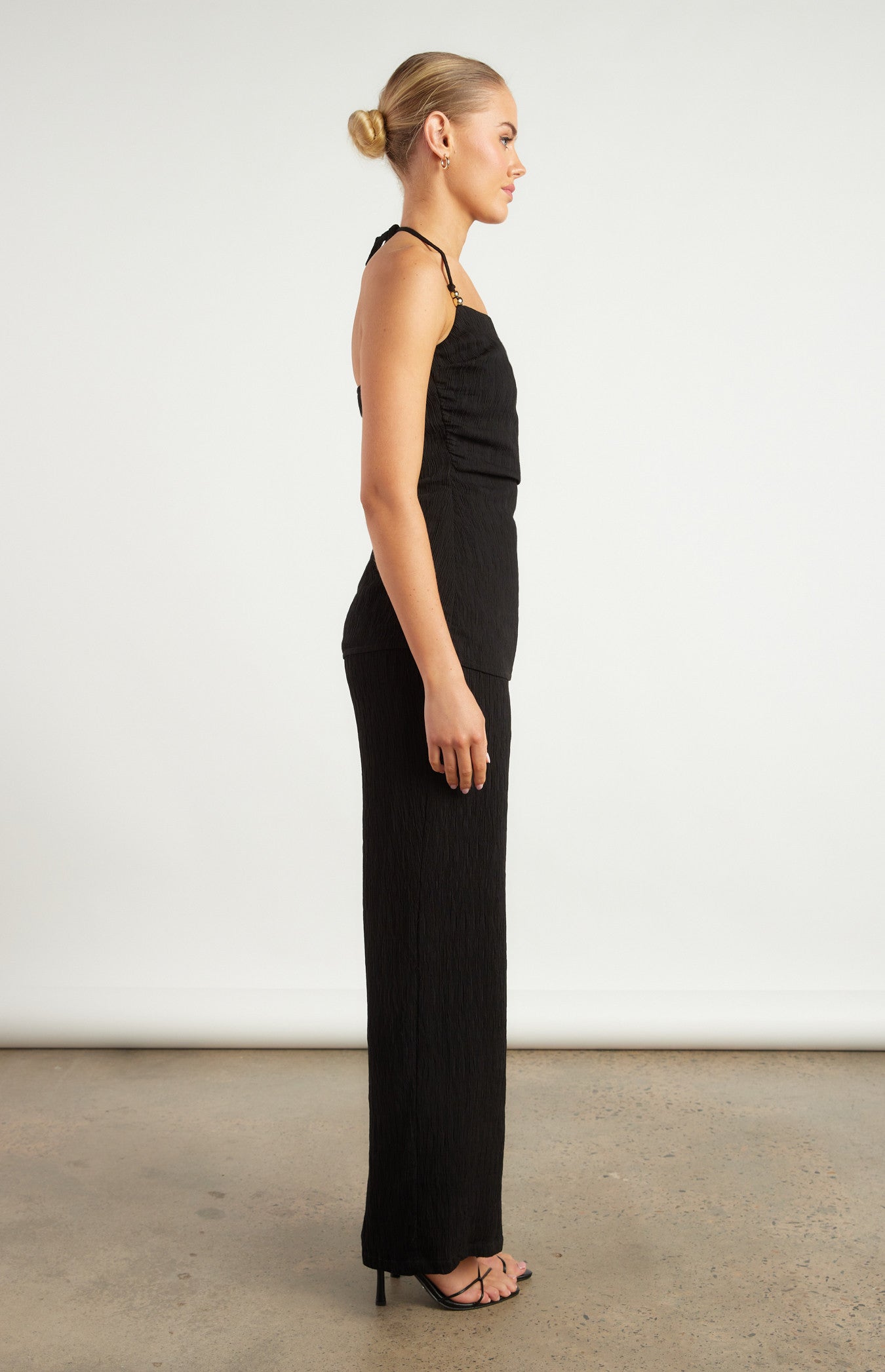 Gold Beaded Detail Textured Set with Halter Top and Pants