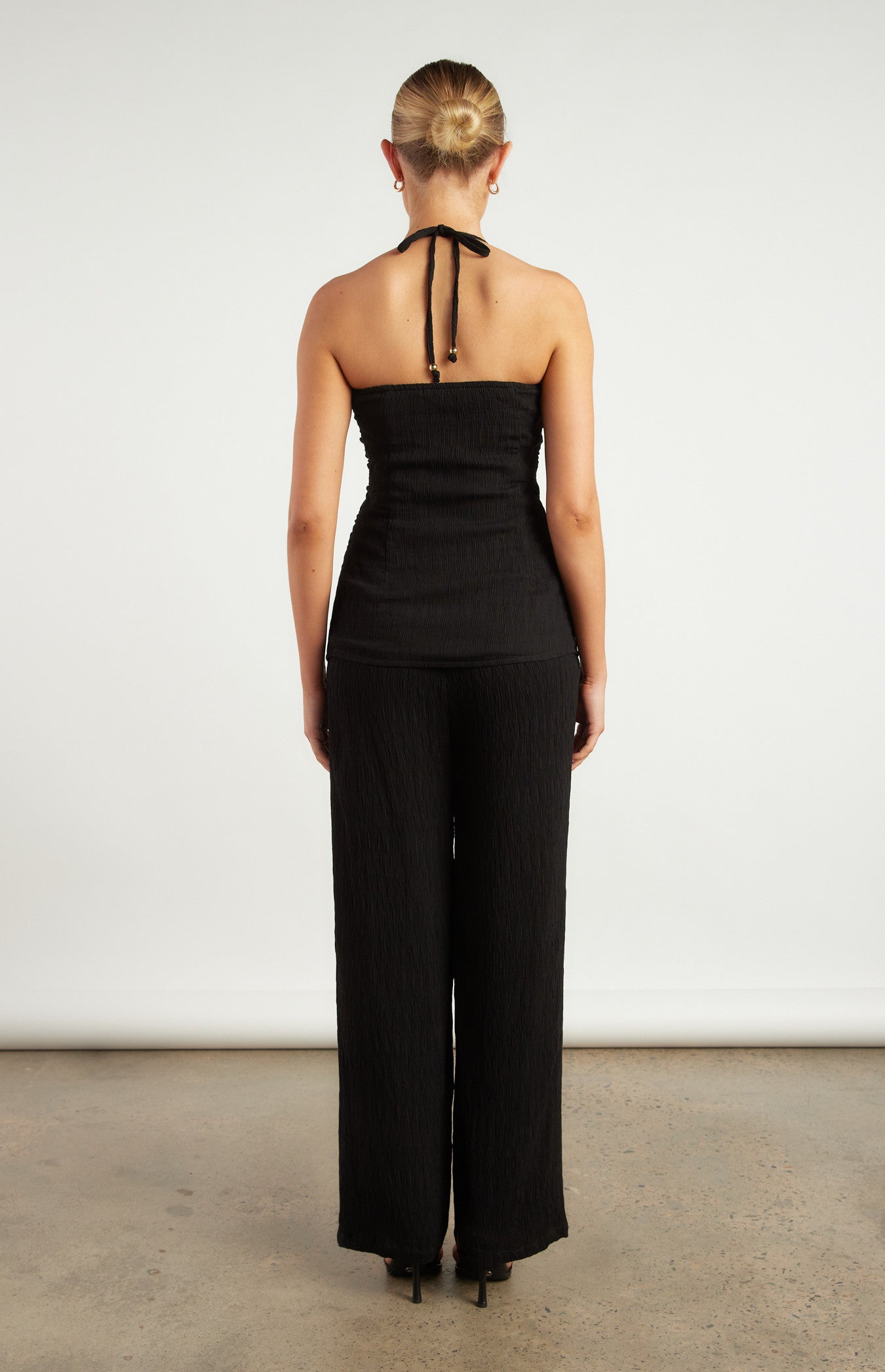 Gold Beaded Detail Textured Set with Halter Top and Pants