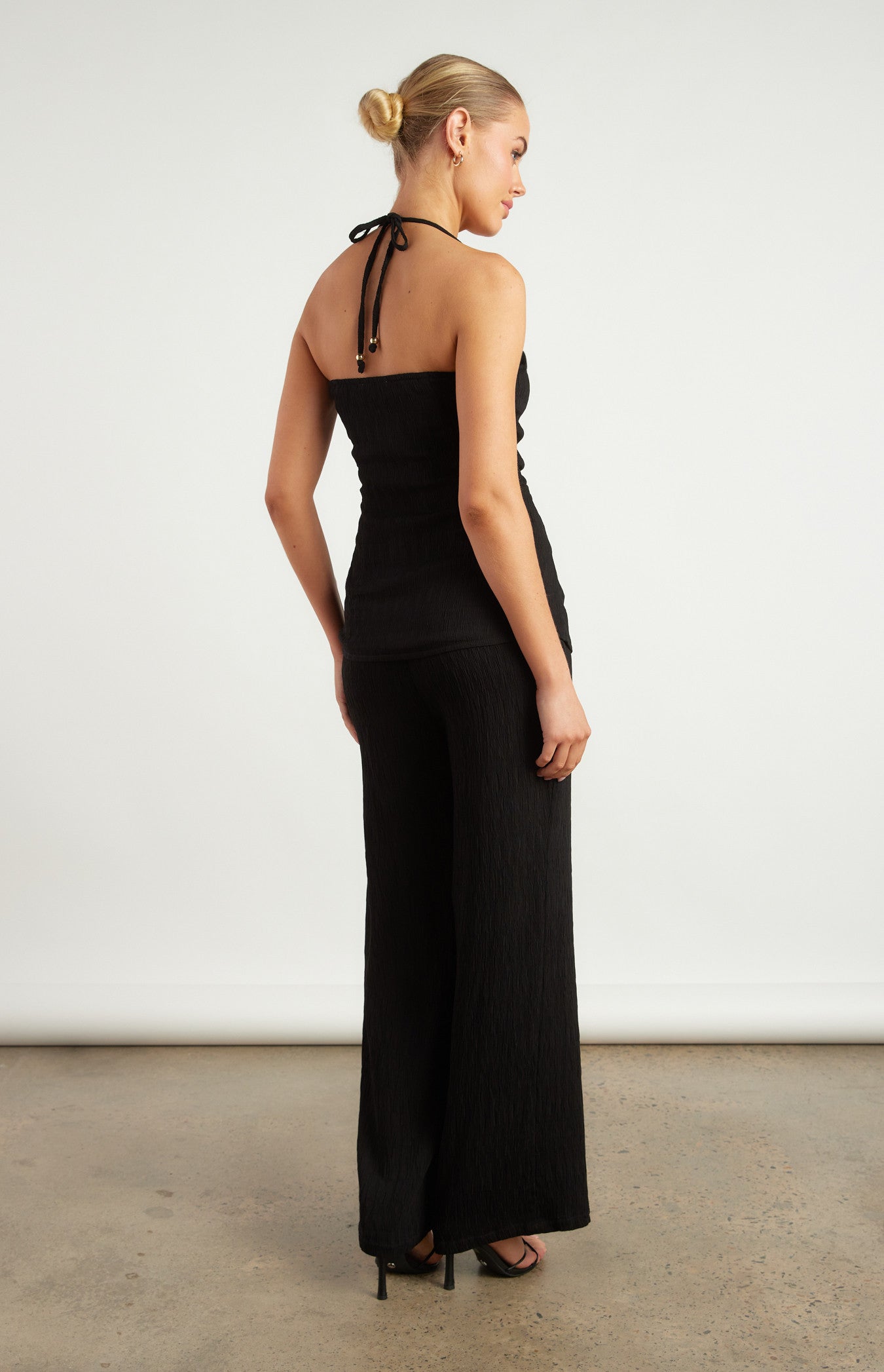 Gold Beaded Detail Textured Set with Halter Top and Pants