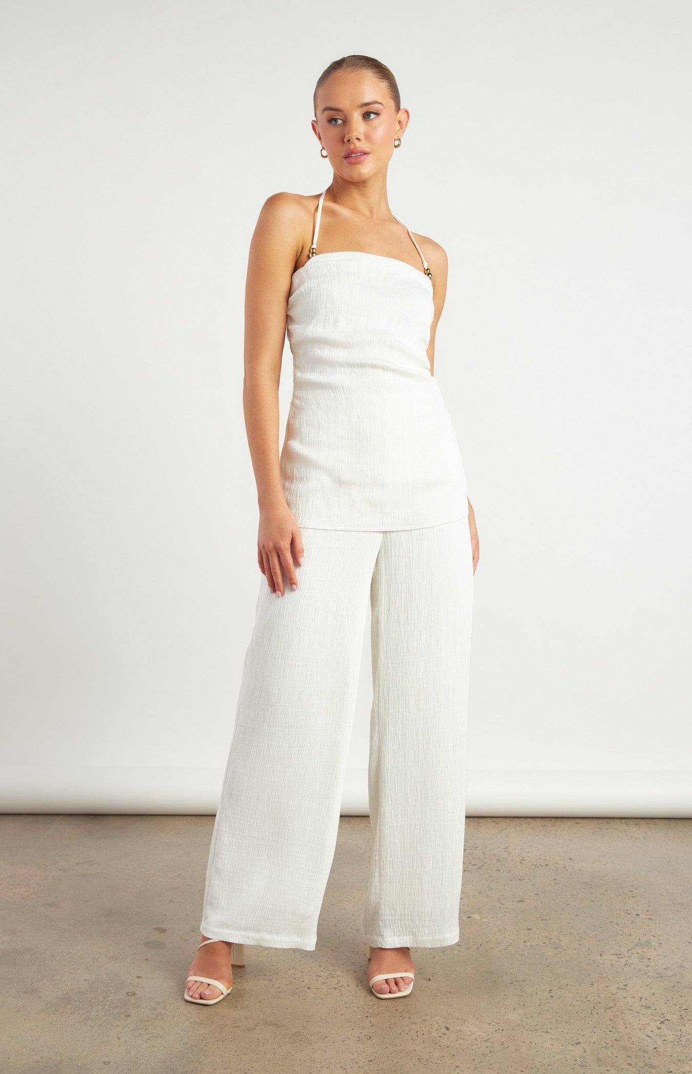 Gold Beaded Detail Textured Set with Halter Top and Pants