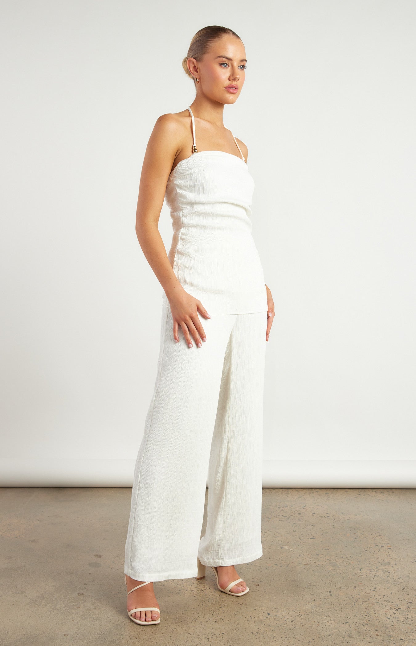 Gold Beaded Detail Textured Set with Halter Top and Pants