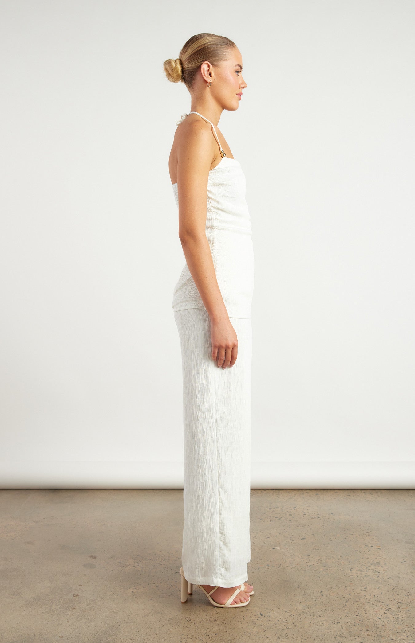 Gold Beaded Detail Textured Set with Halter Top and Pants