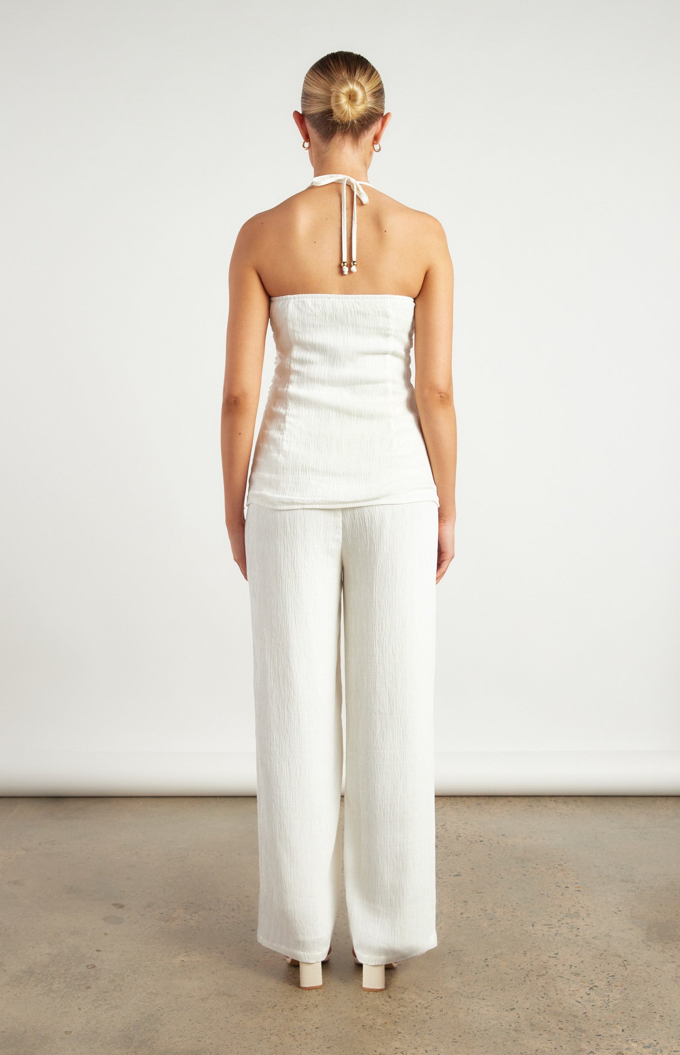 Gold Beaded Detail Textured Set with Halter Top and Pants