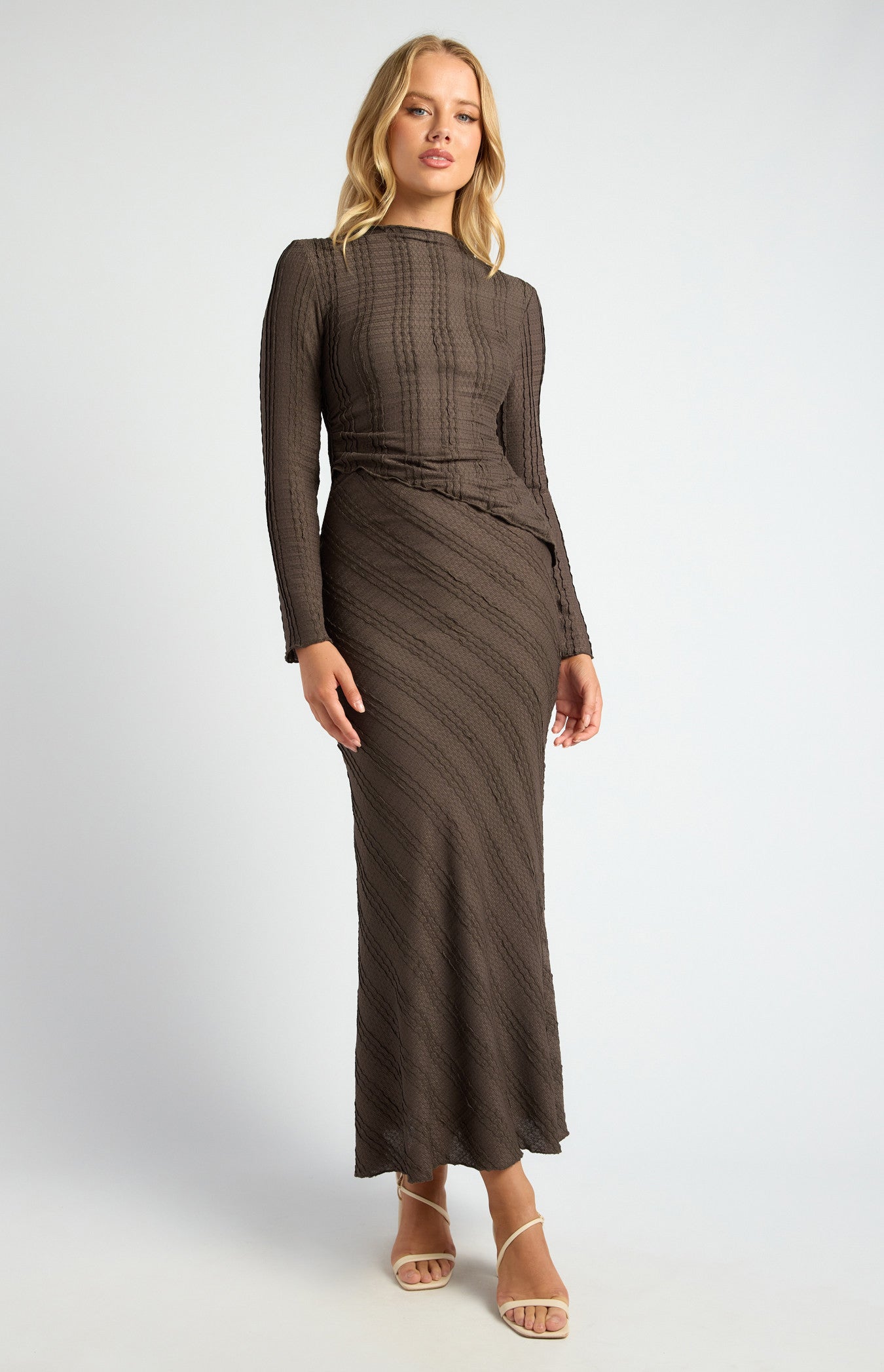 Textured Jersey Set with Asymmetric Hem Top and Maxi Skirt