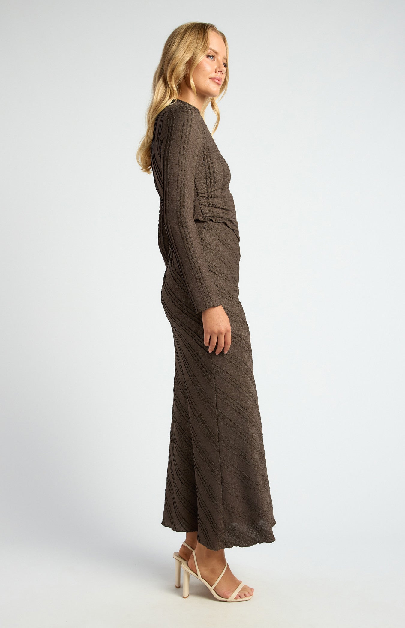 Textured Jersey Set with Asymmetric Hem Top and Maxi Skirt