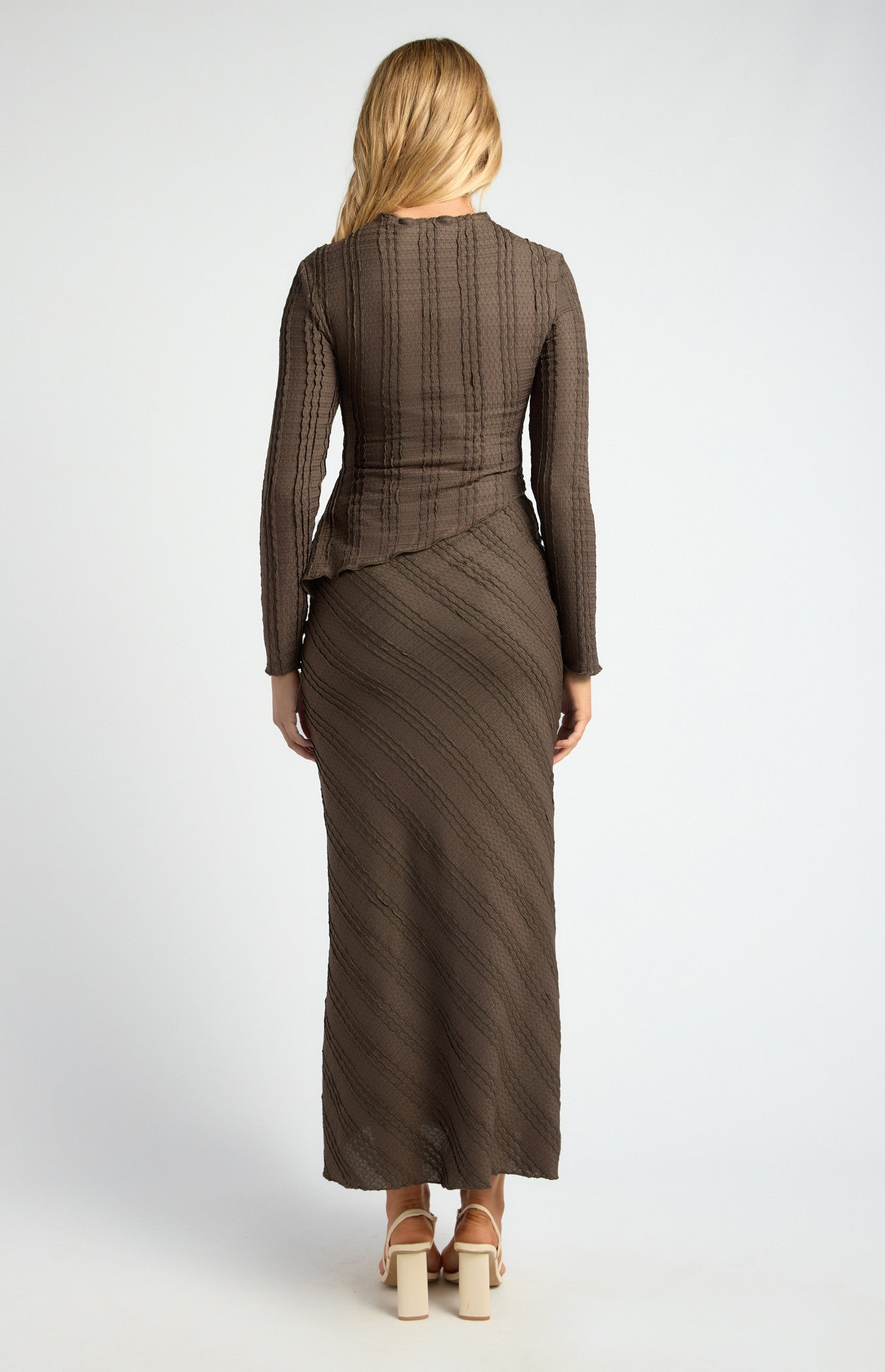 Textured Jersey Set with Asymmetric Hem Top and Maxi Skirt