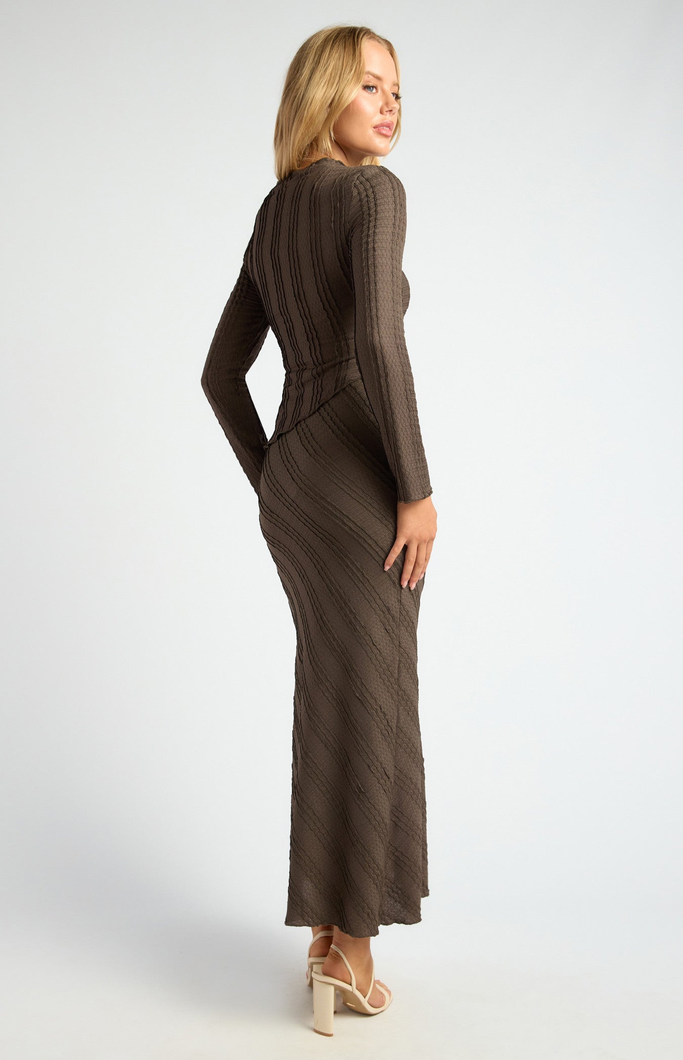 Textured Jersey Set with Asymmetric Hem Top and Maxi Skirt
