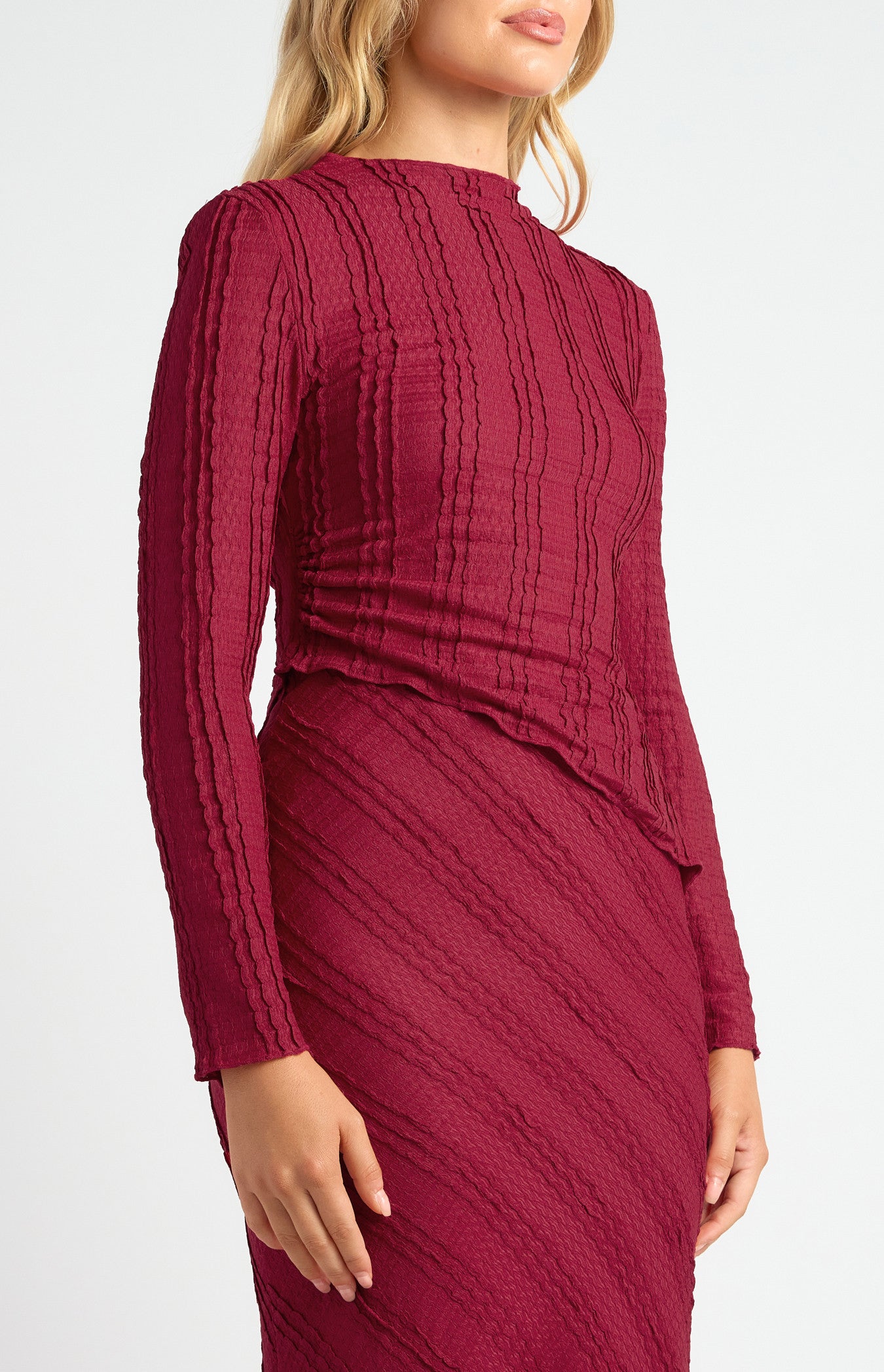 Textured Jersey Set with Asymmetric Hem Top and Maxi Skirt