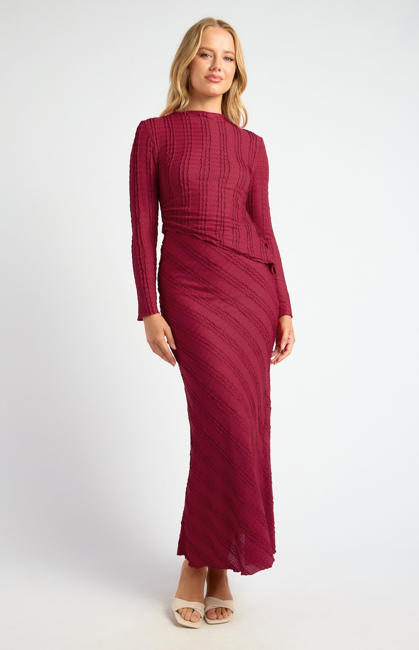 Textured Jersey Set with Asymmetric Hem Top and Maxi Skirt