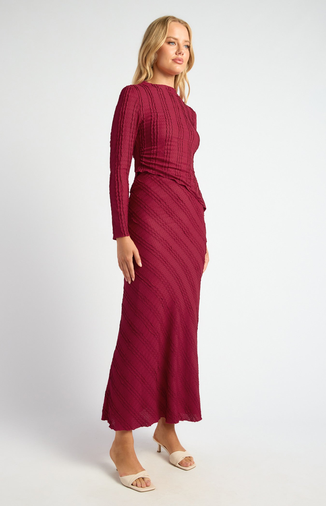Textured Jersey Set with Asymmetric Hem Top and Maxi Skirt