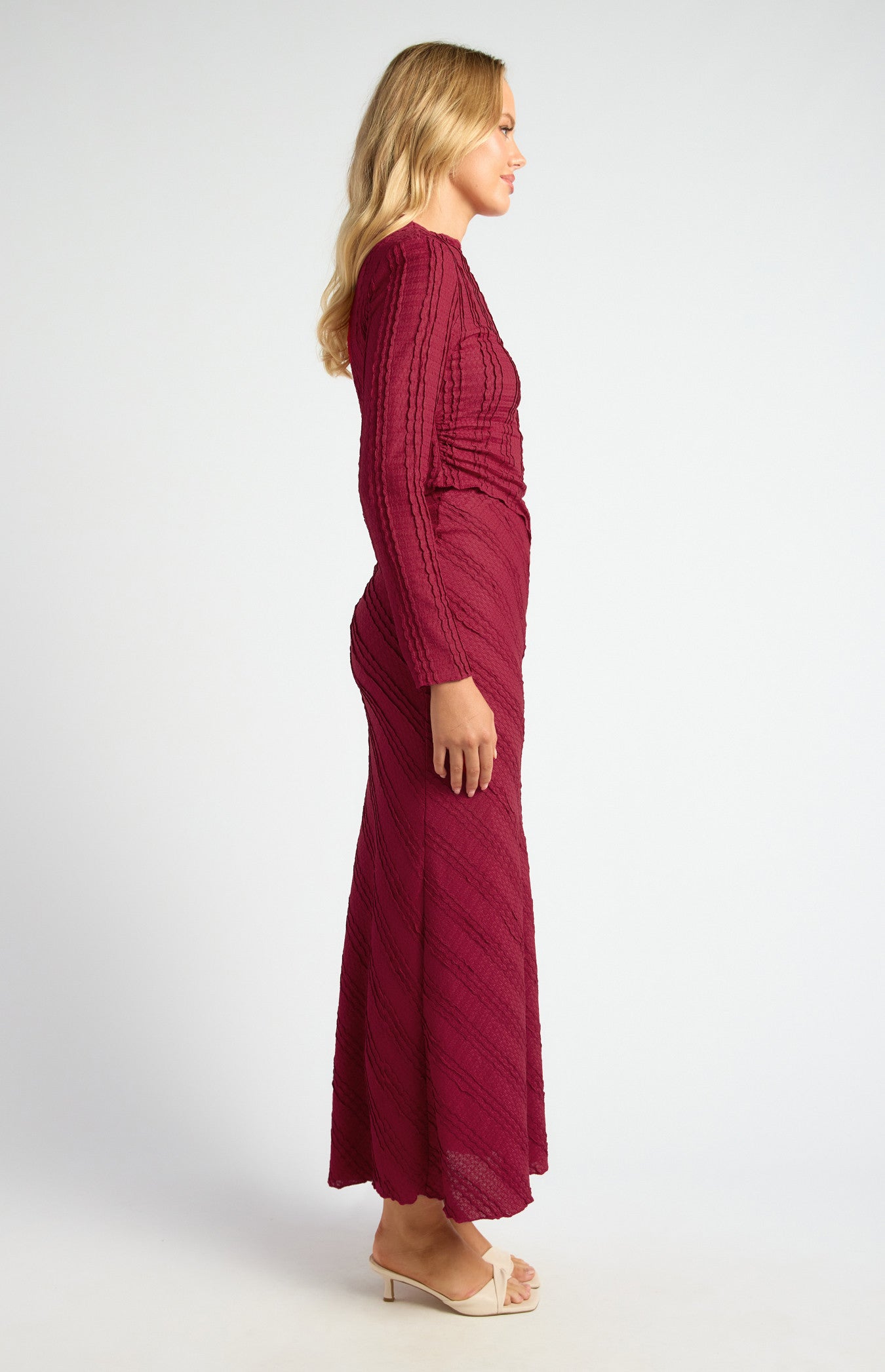 Textured Jersey Set with Asymmetric Hem Top and Maxi Skirt