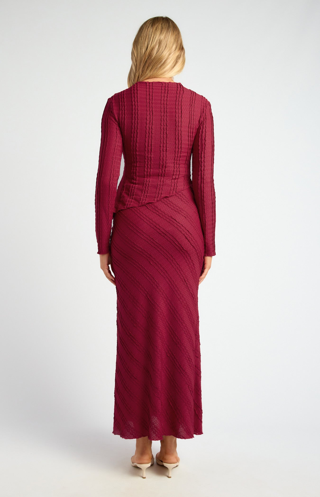 Textured Jersey Set with Asymmetric Hem Top and Maxi Skirt