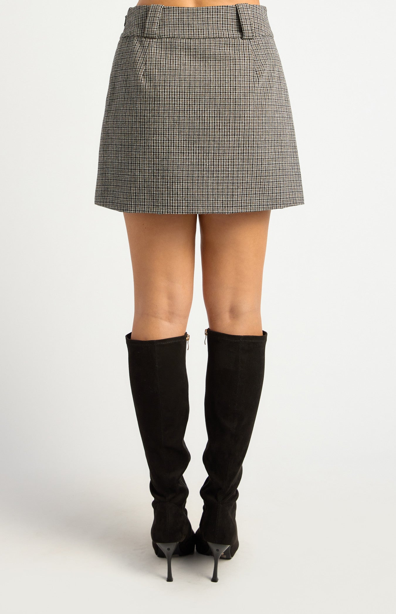 Checkered Mini Skirt with Wide Belt Loops and Button