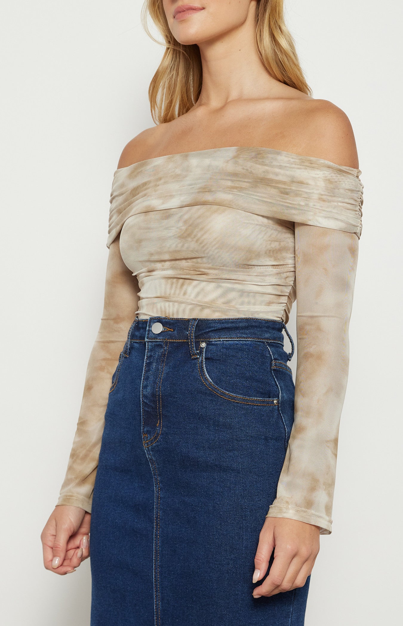 Swirl Print Off-the-Shoulder Mesh Top