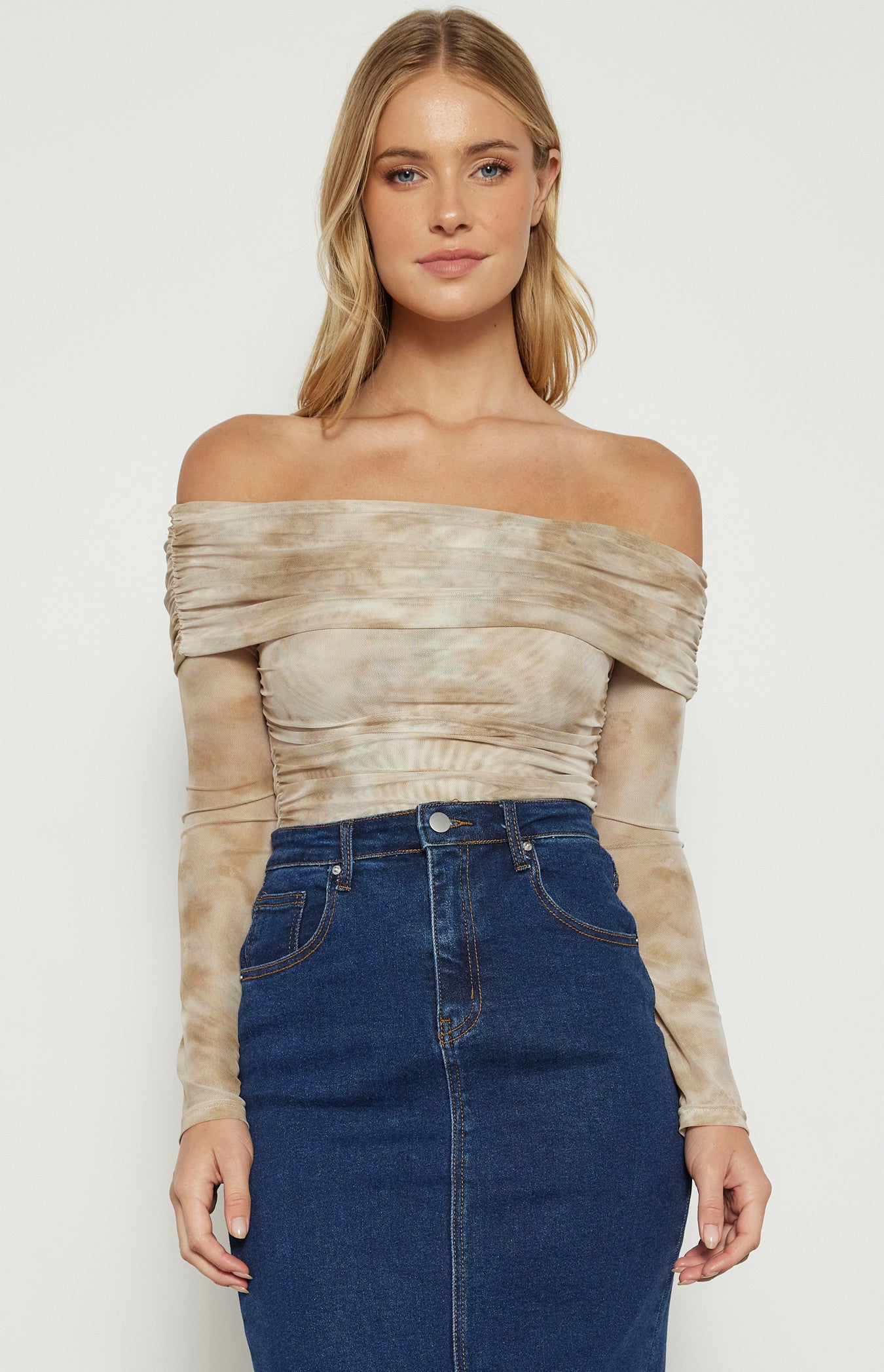 Swirl Print Off-the-Shoulder Mesh Top