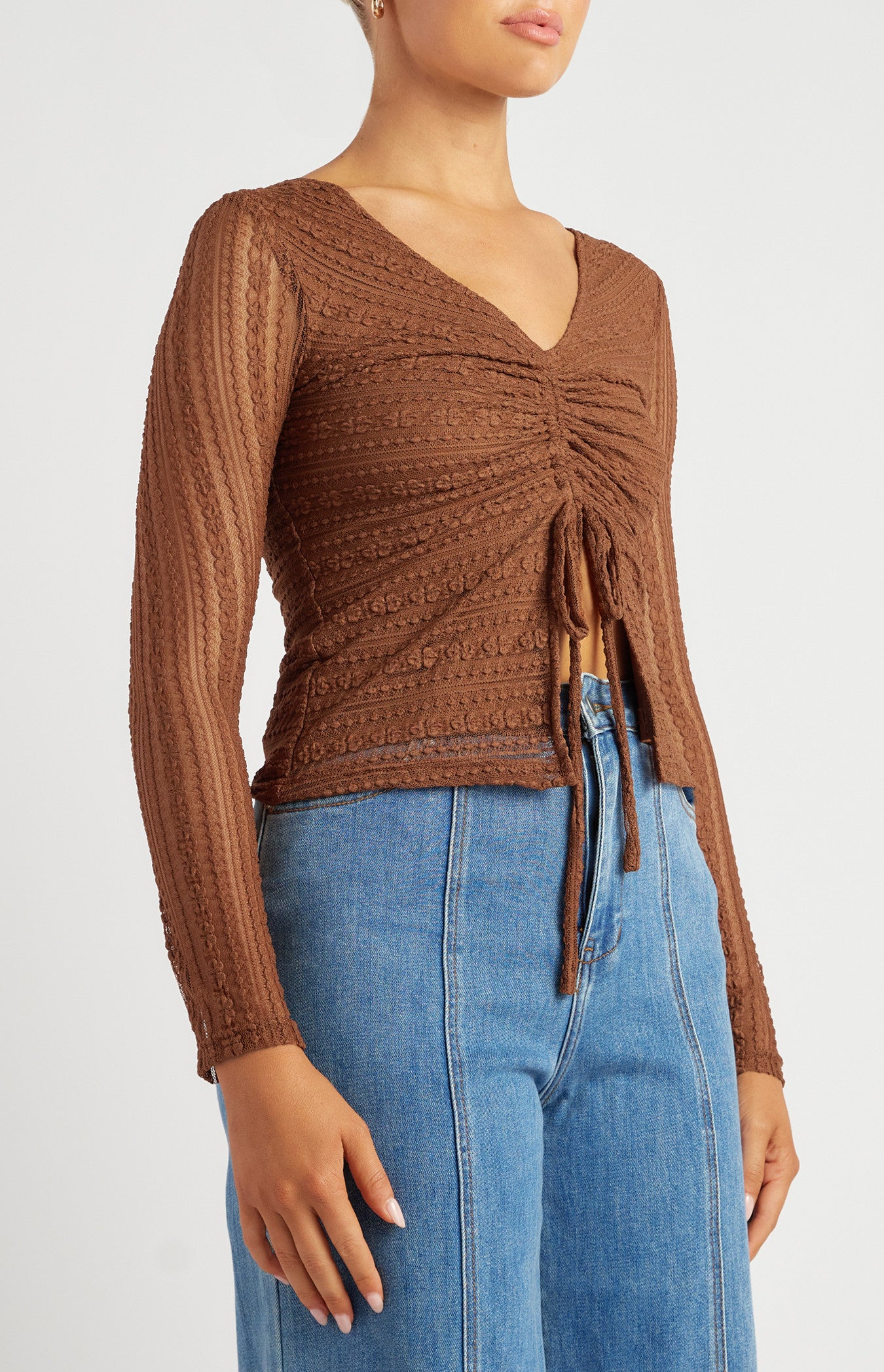 Front Drawstring Detail Stretch Lace Top