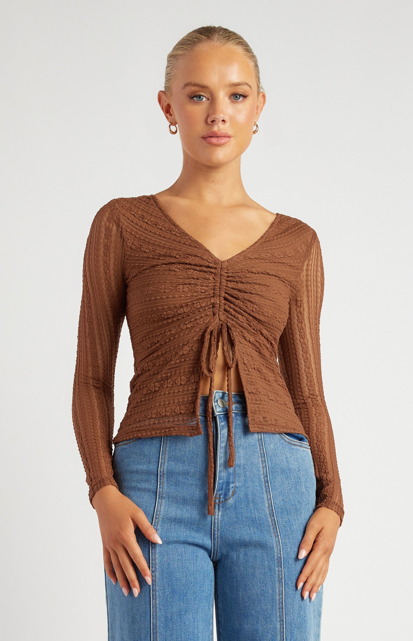 Front Drawstring Detail Stretch Lace Top