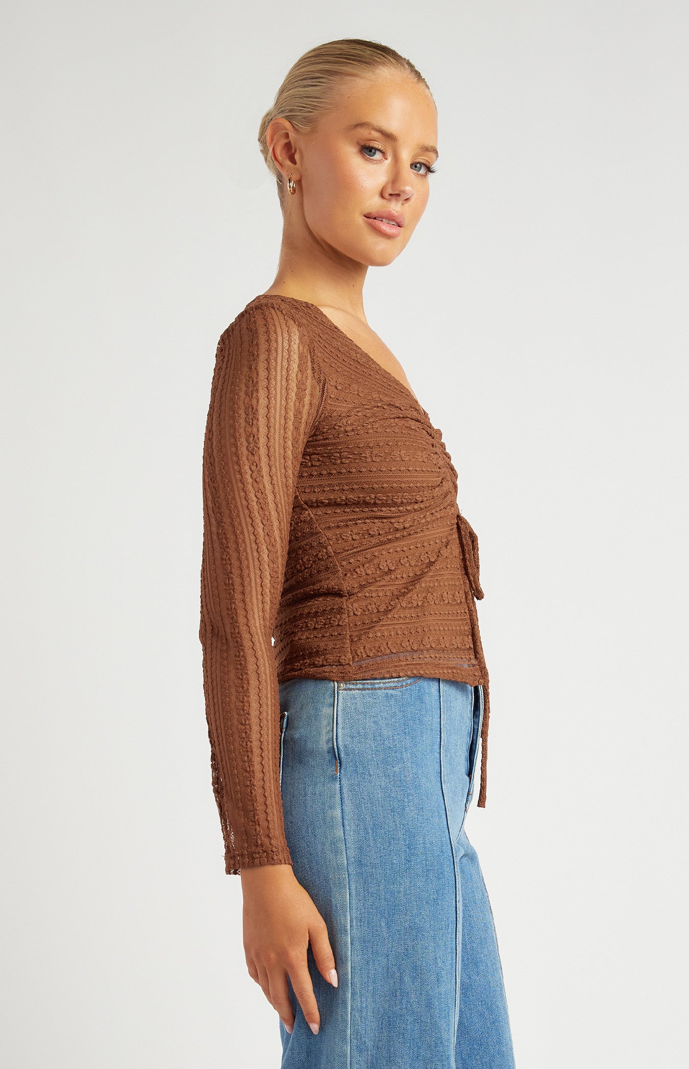 Front Drawstring Detail Stretch Lace Top