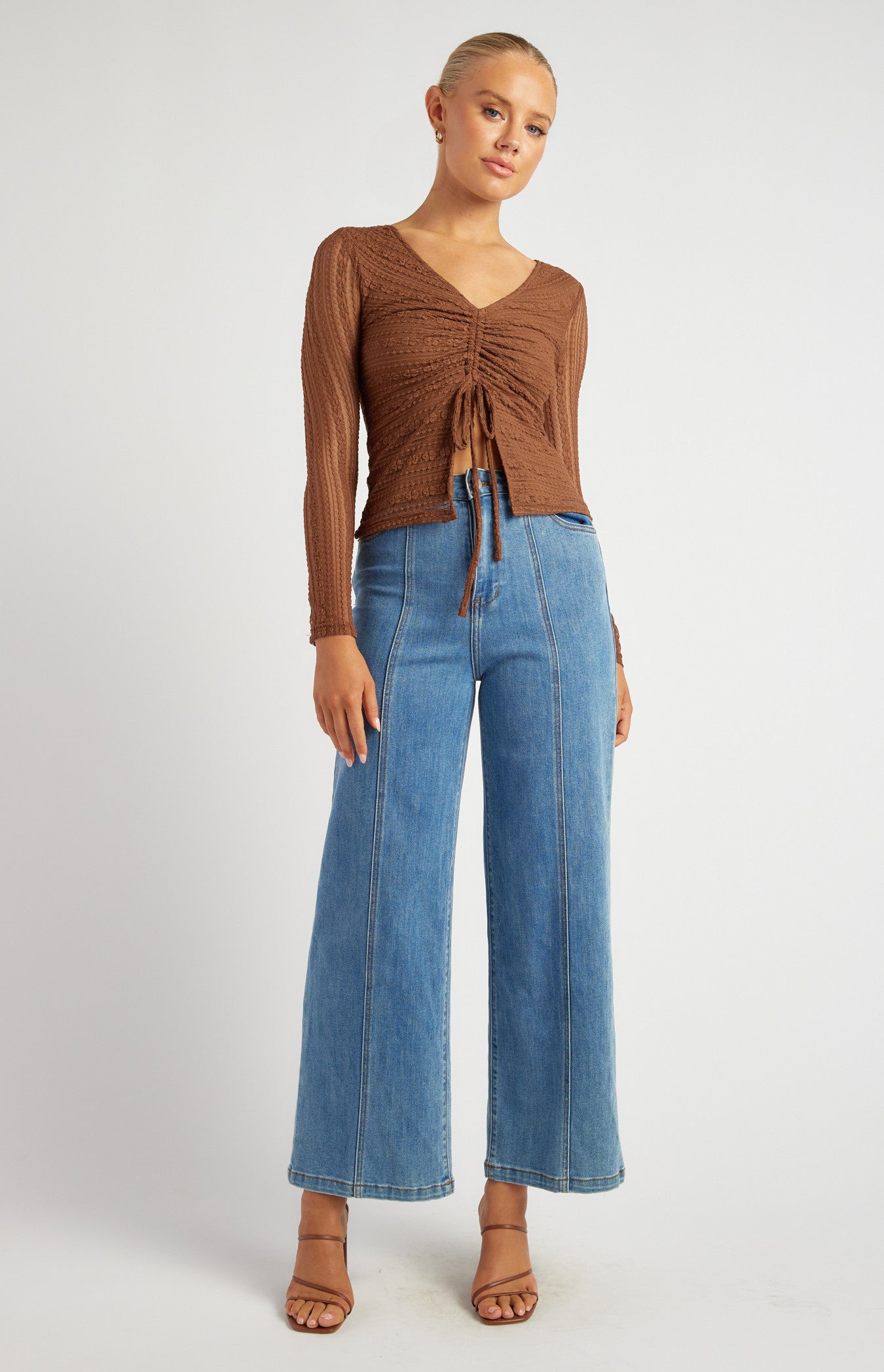 Front Drawstring Detail Stretch Lace Top