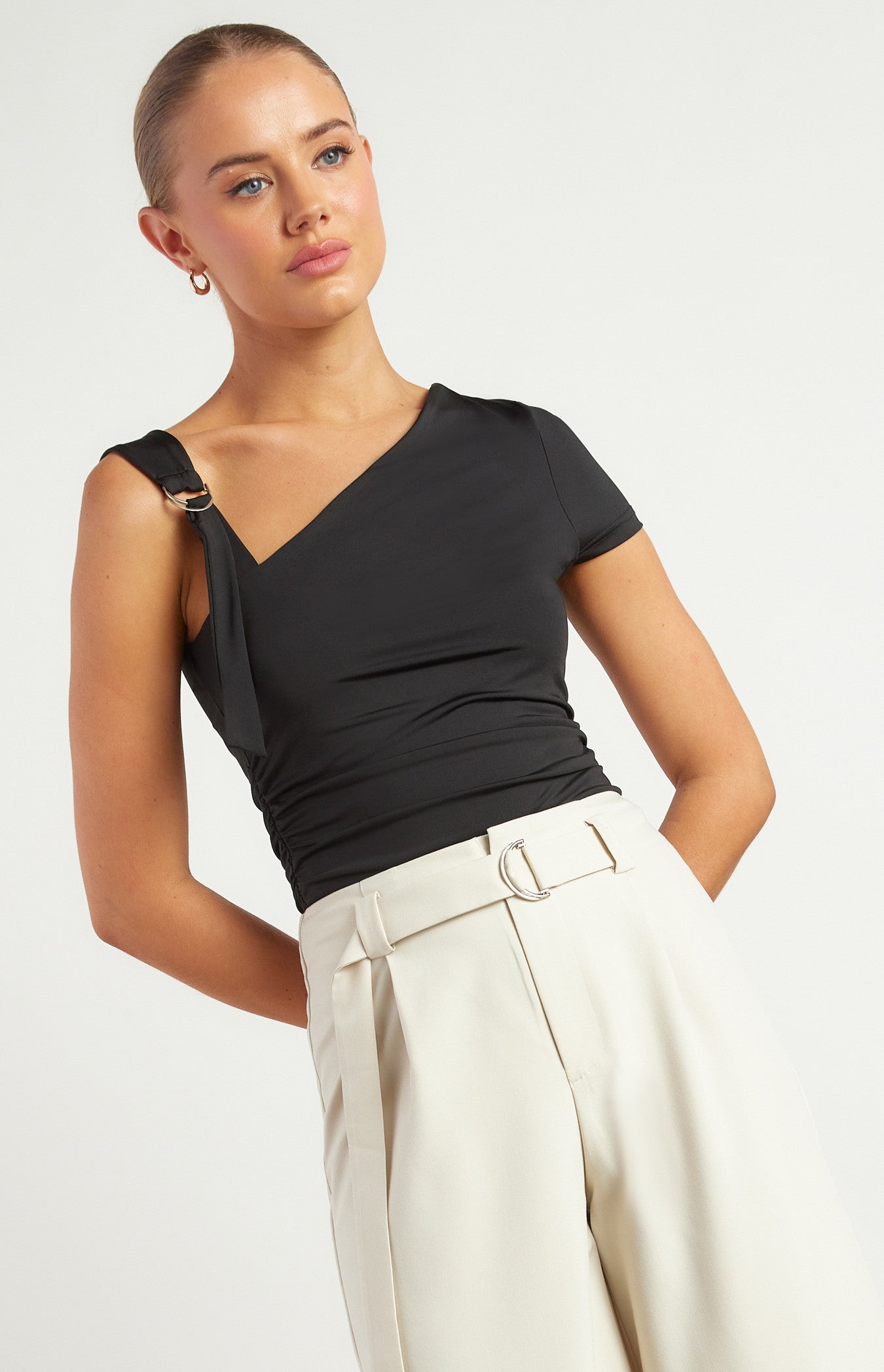 D-Ring Buckle Shoulder Detail Ruched Jersey Top