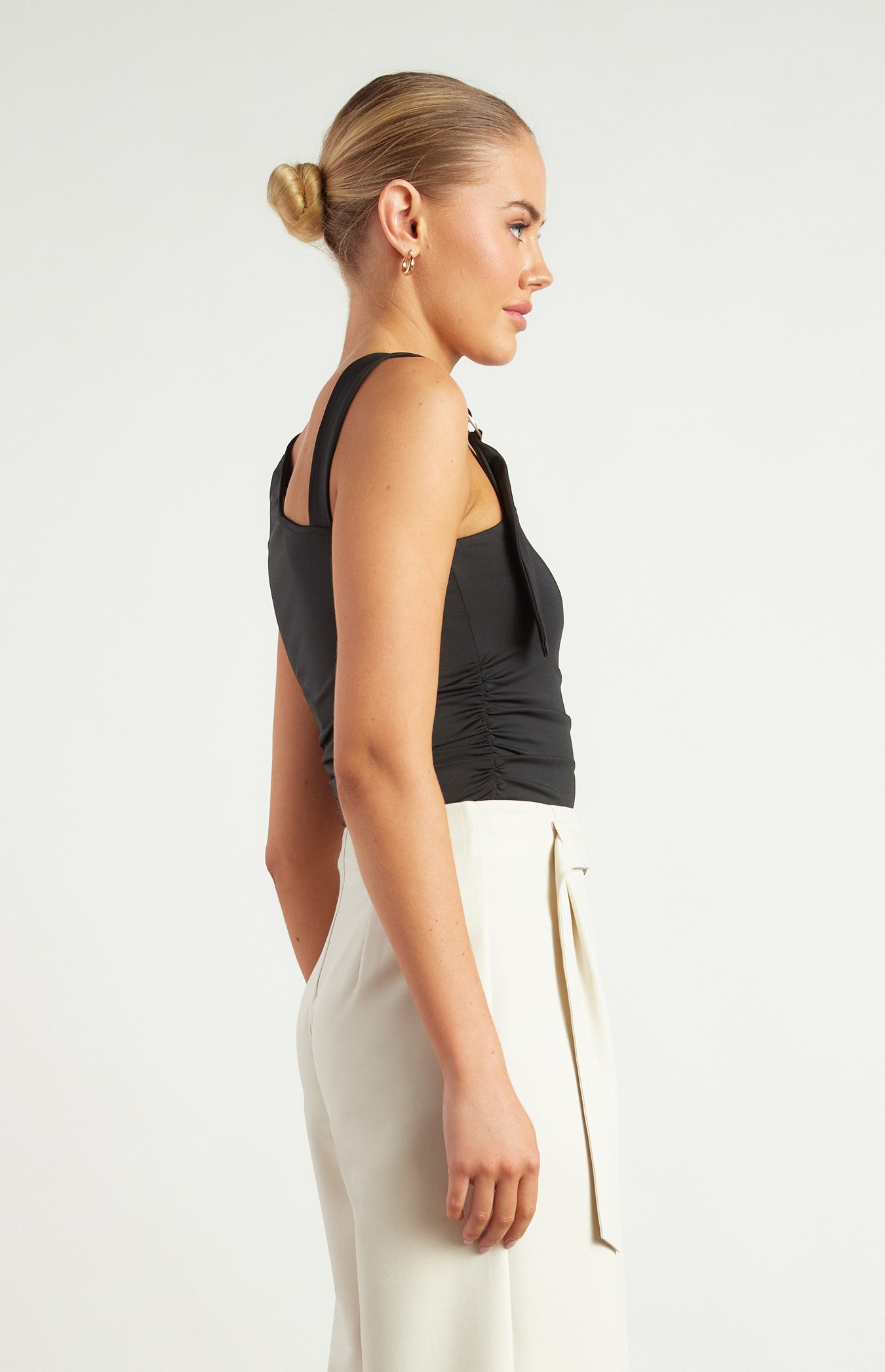 D-Ring Buckle Shoulder Detail Ruched Jersey Top