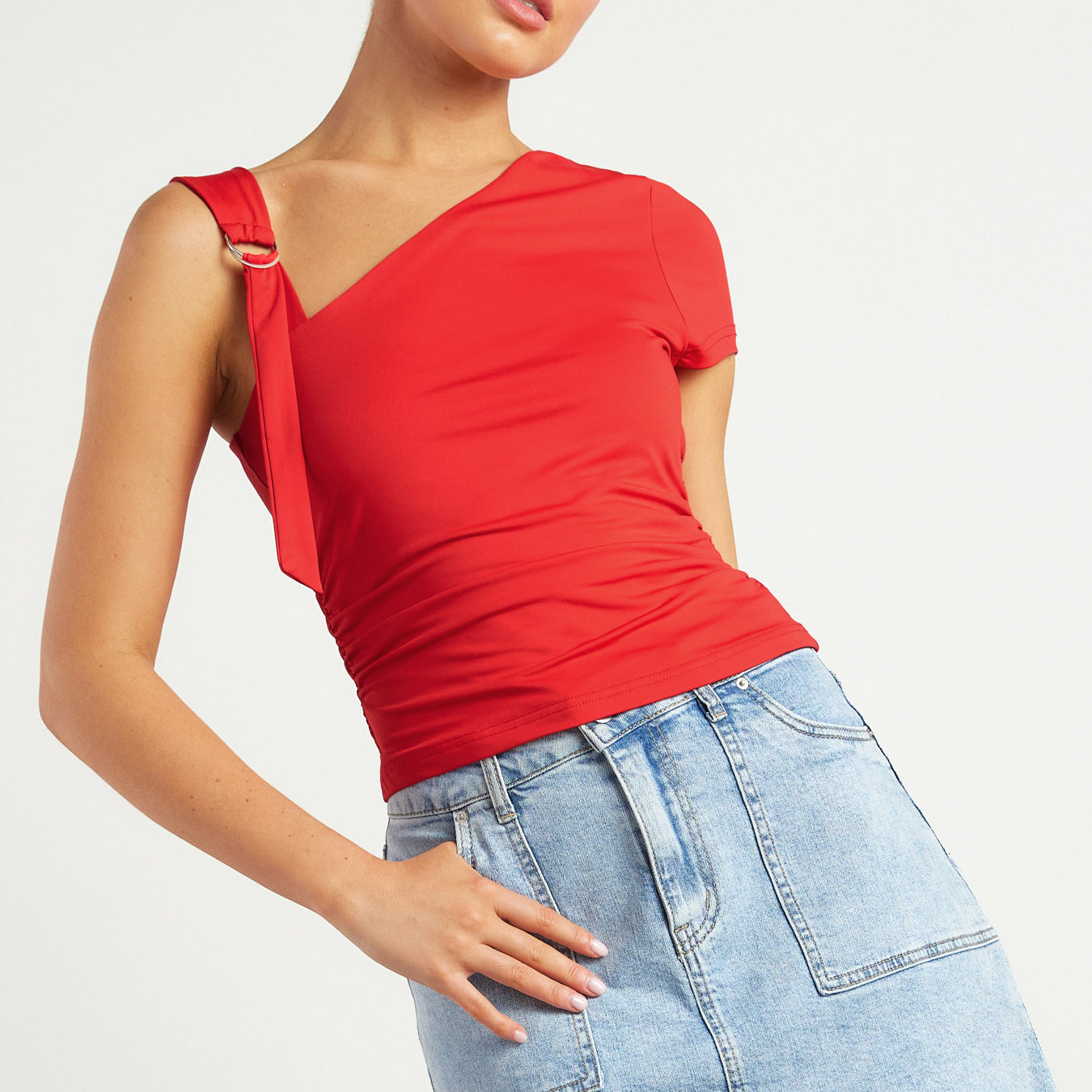 D-Ring Buckle Shoulder Detail Ruched Jersey Top