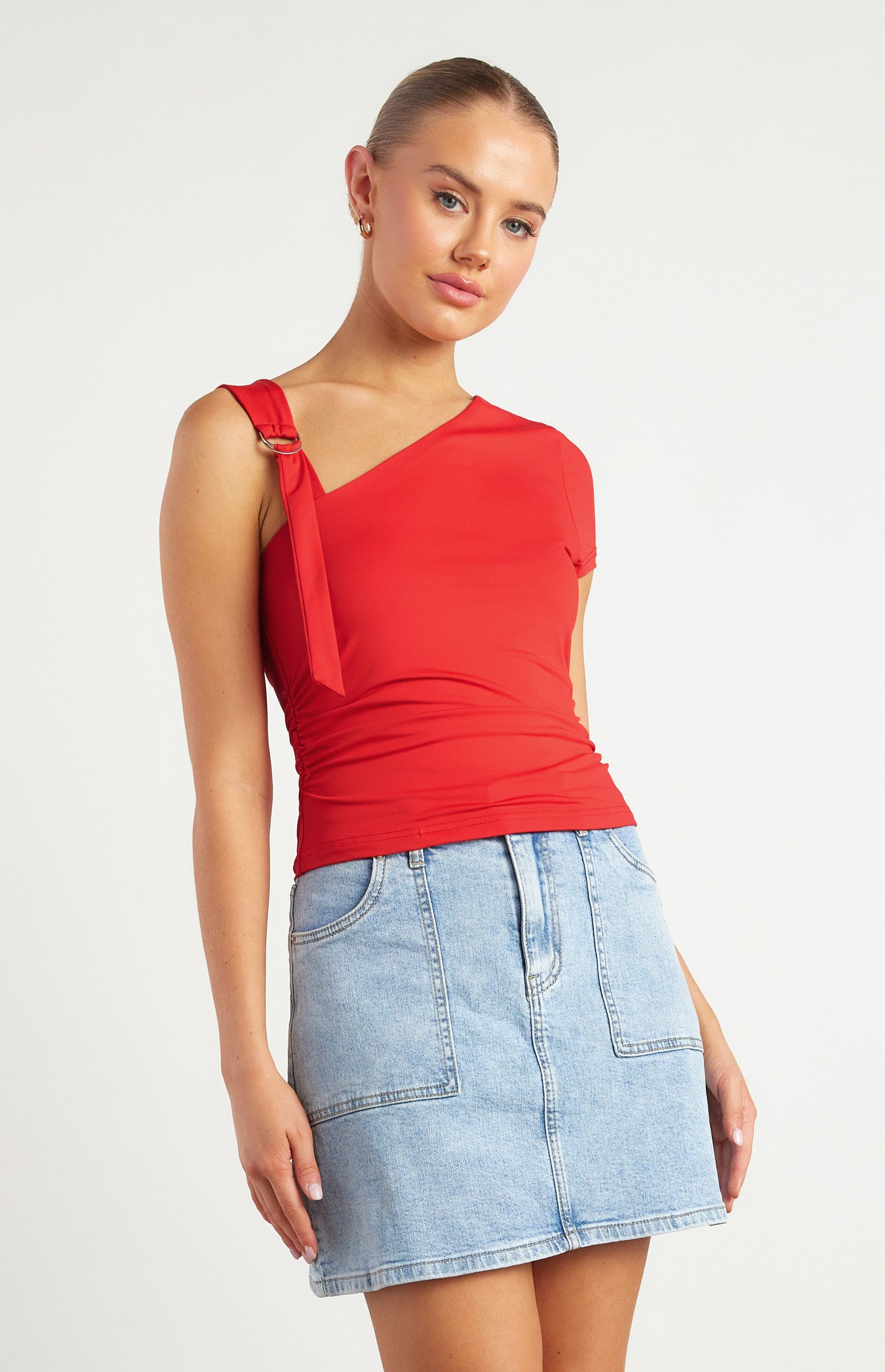 D-Ring Buckle Shoulder Detail Ruched Jersey Top