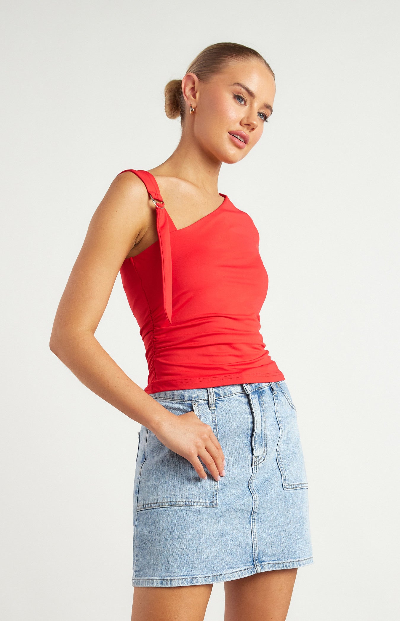 D-Ring Buckle Shoulder Detail Ruched Jersey Top