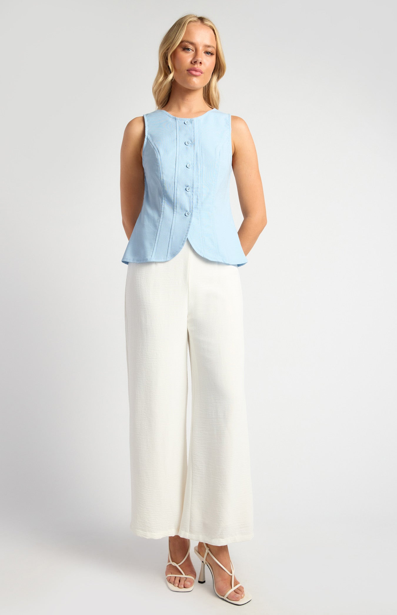 Cotton Linen Button Up Vest Top with Curved Hem