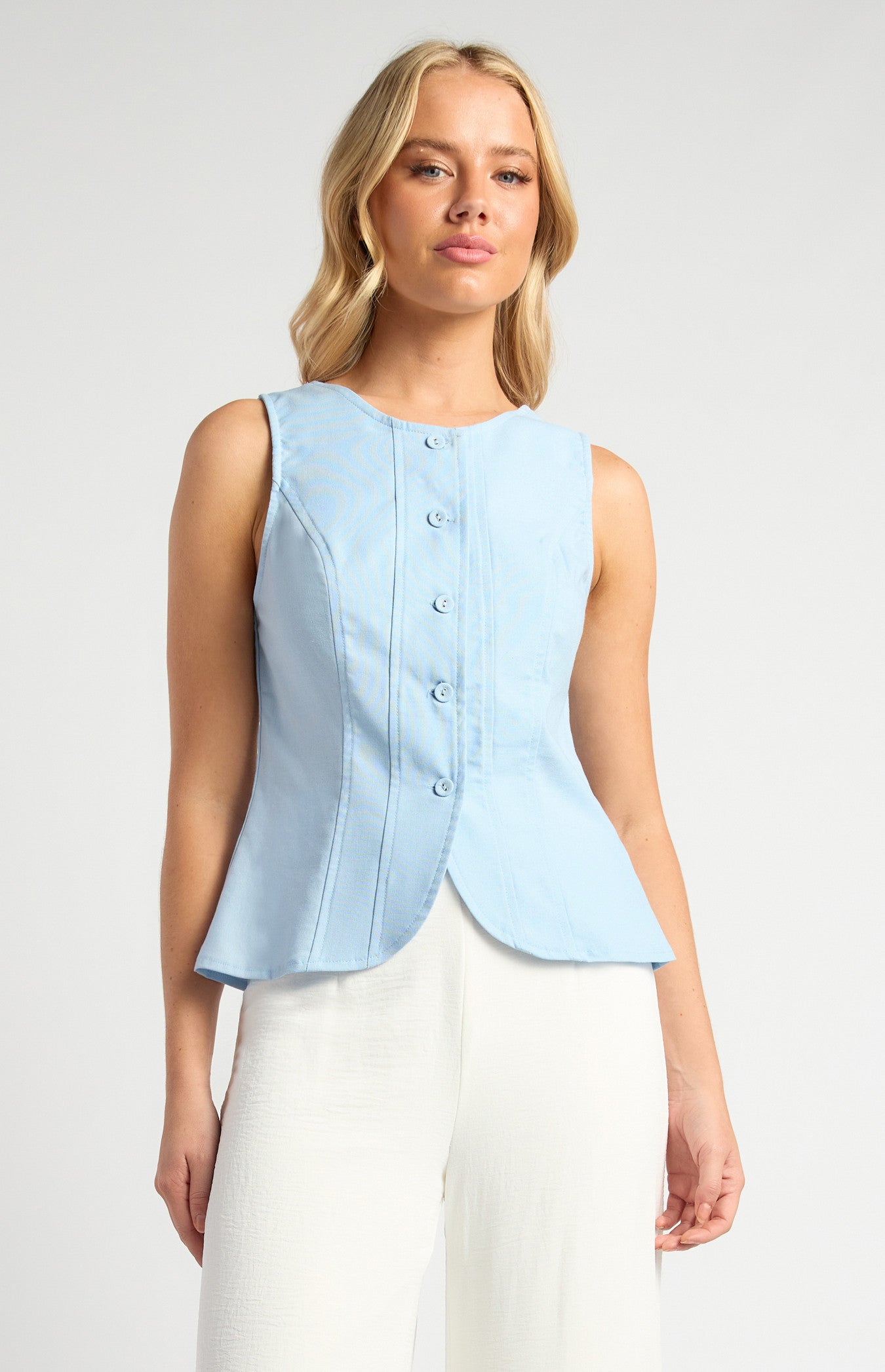 Cotton Linen Button Up Vest Top with Curved Hem