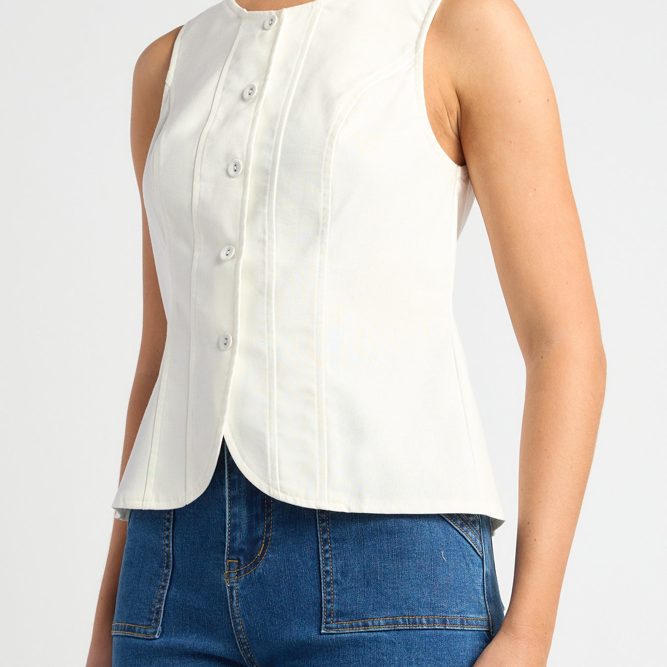 Cotton Linen Button Up Vest Top with Curved Hem