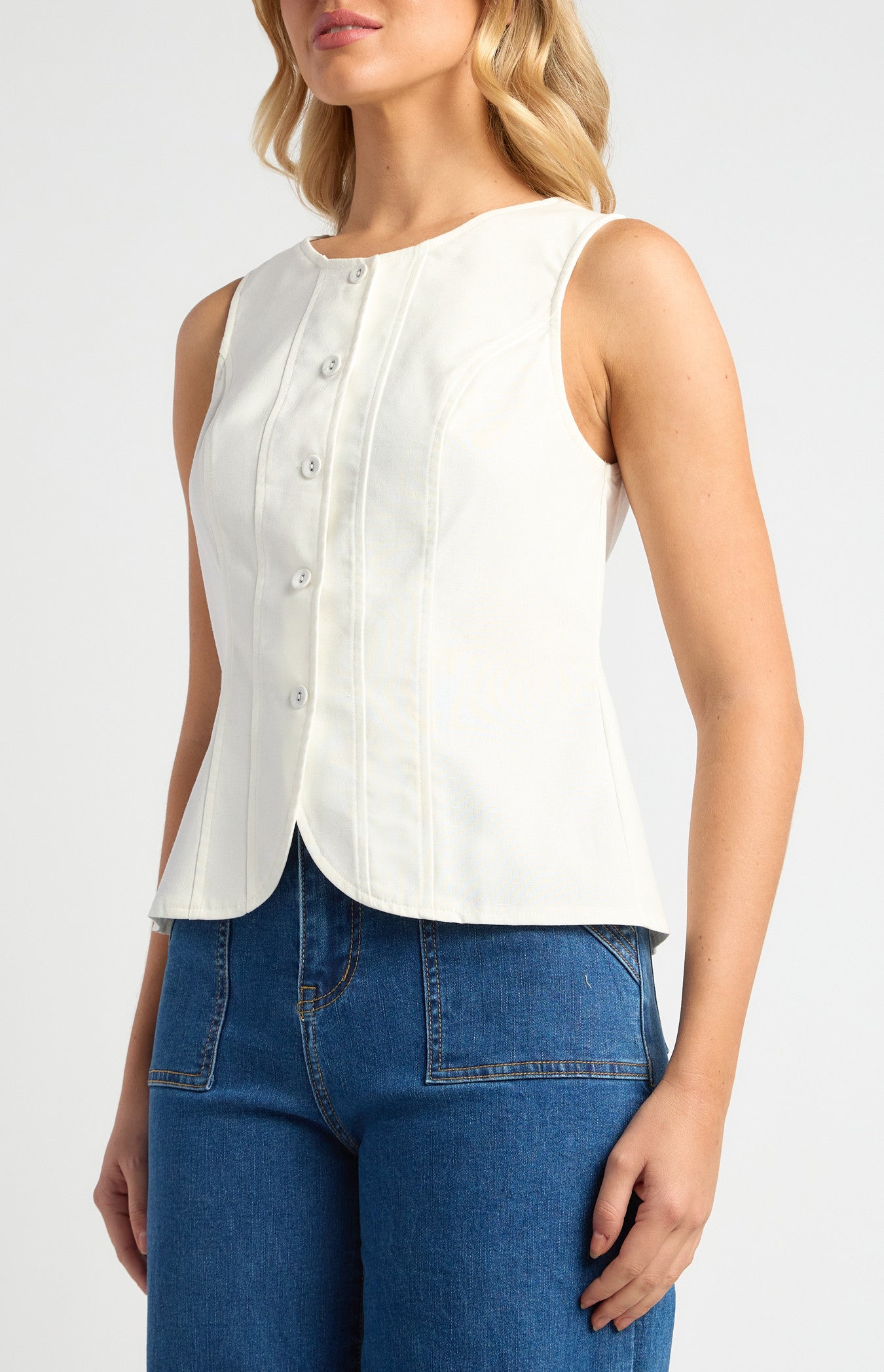Cotton Linen Button Up Vest Top with Curved Hem