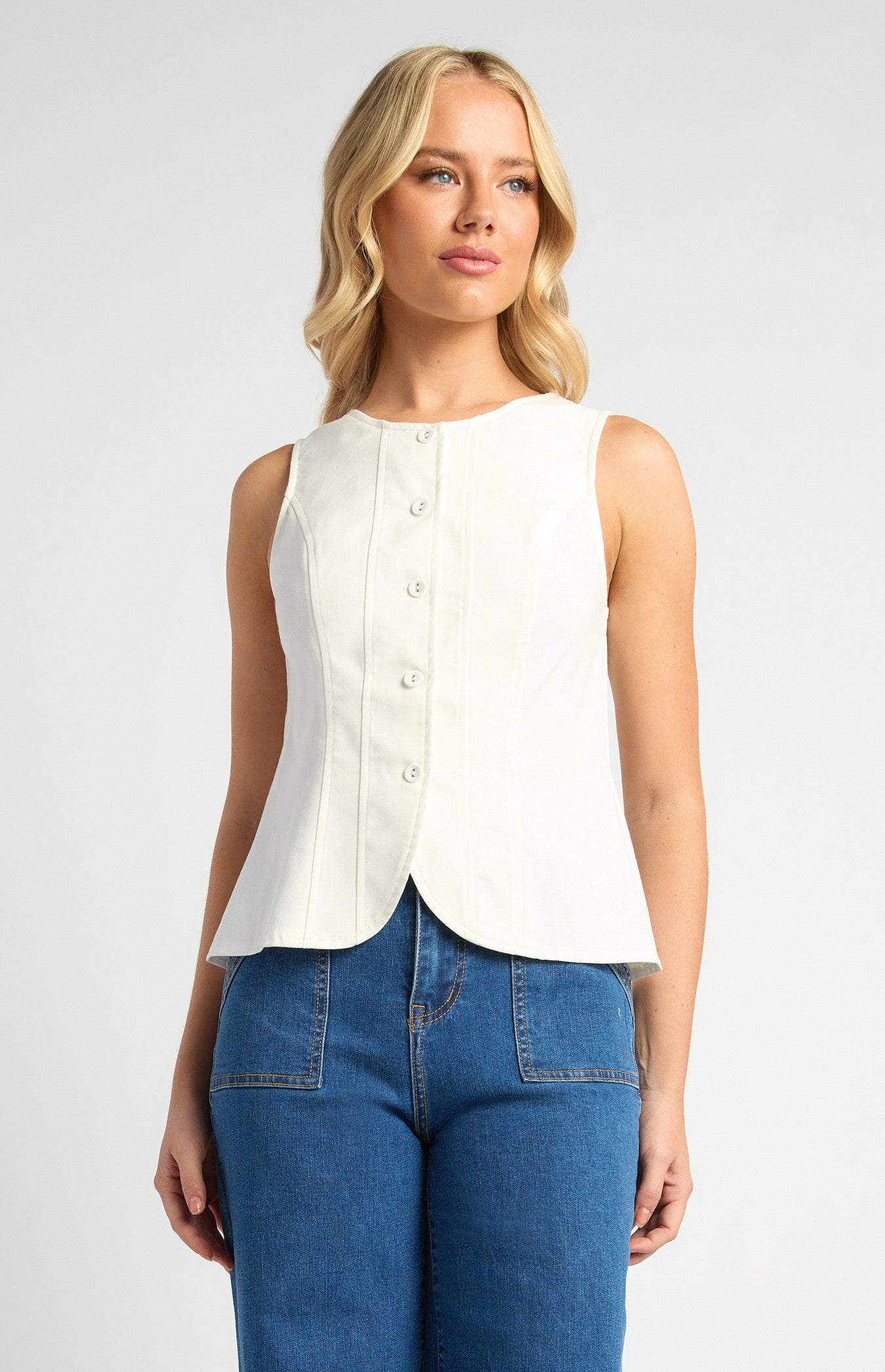 Cotton Linen Button Up Vest Top with Curved Hem