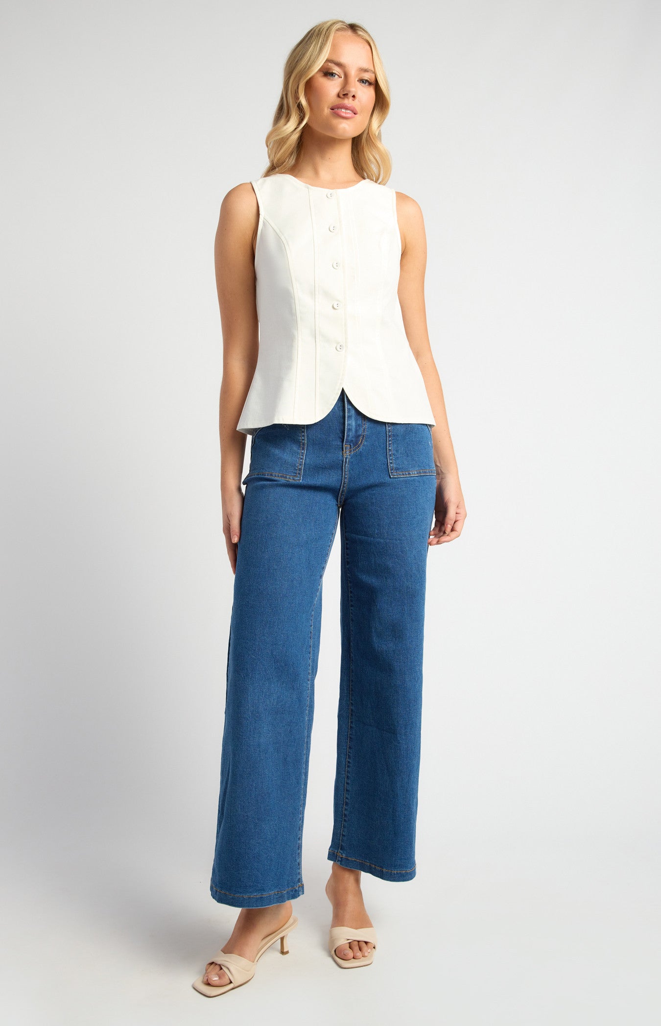 Cotton Linen Button Up Vest Top with Curved Hem