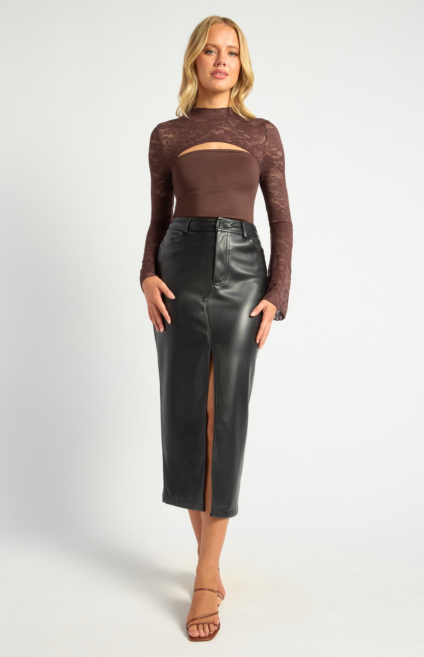 Contrast Fabric Mock Neck Lace Top with Bell Sleeves