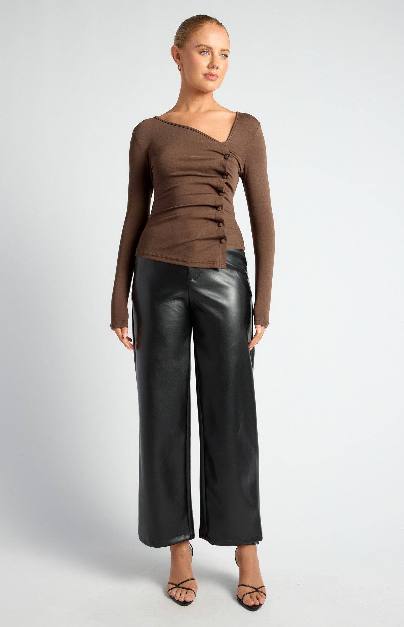 Asymmetric Neckline Jersey Top with Button Ruffle Feature