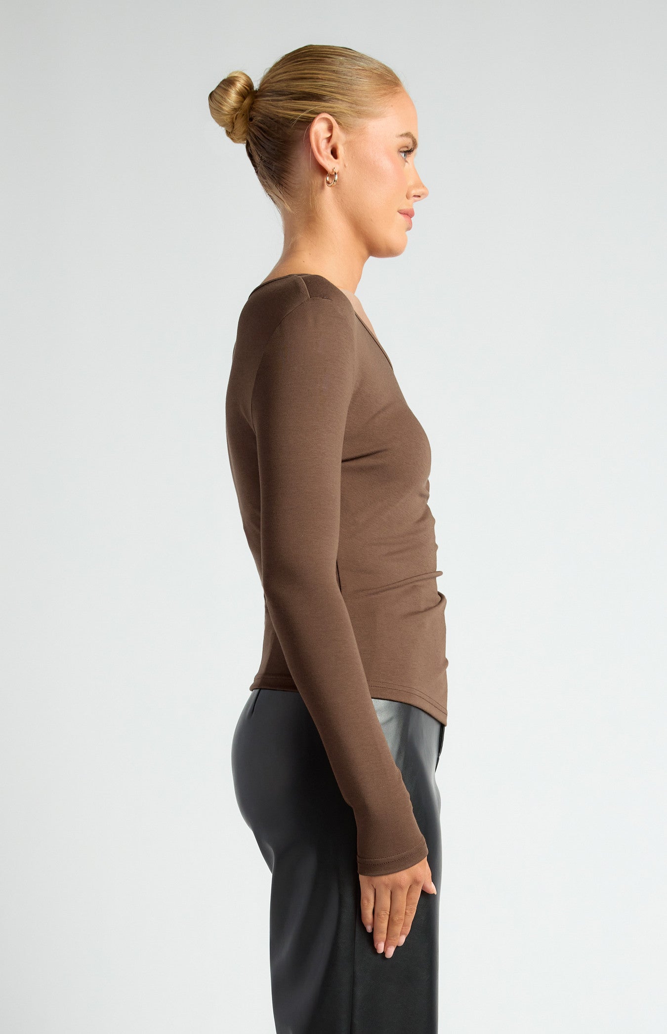 Asymmetric Neckline Jersey Top with Button Ruffle Feature