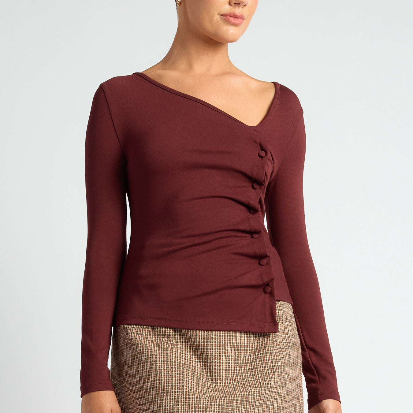 Asymmetric Neckline Jersey Top with Button Ruffle Feature