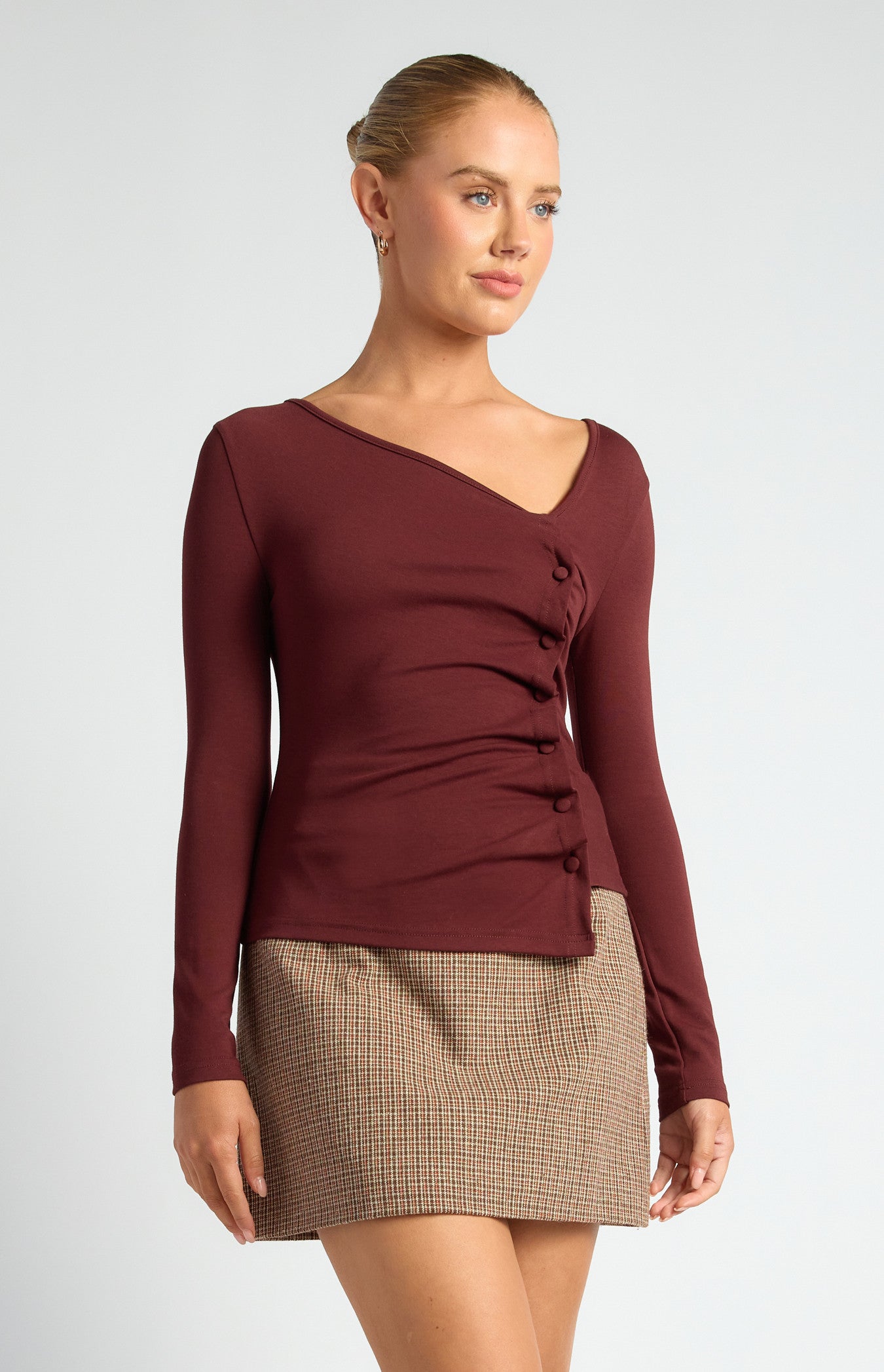 Asymmetric Neckline Jersey Top with Button Ruffle Feature