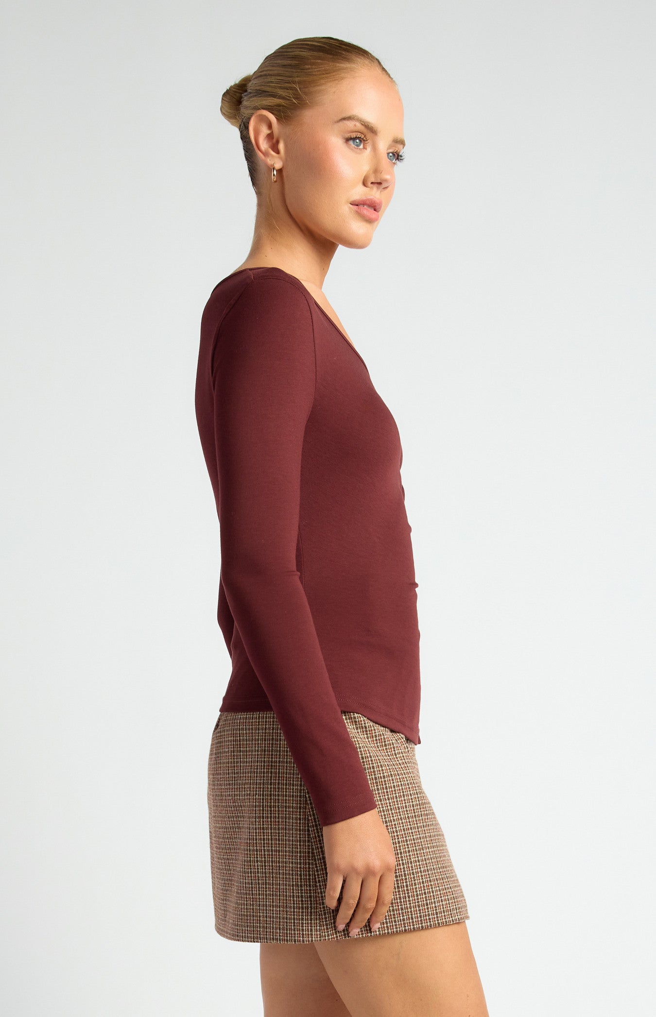 Asymmetric Neckline Jersey Top with Button Ruffle Feature
