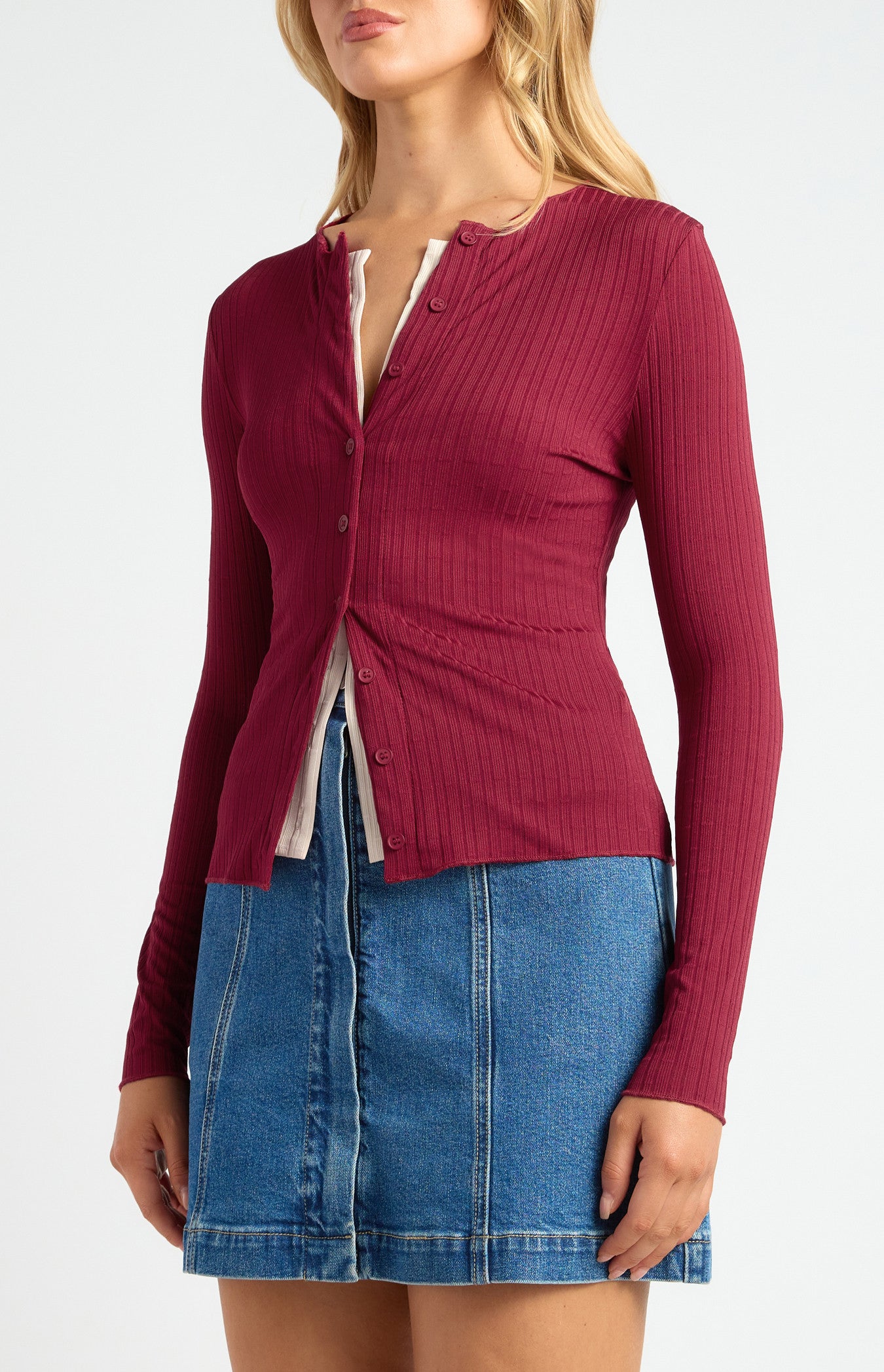 Contrast Detail Button-Up Textured Jersey Top