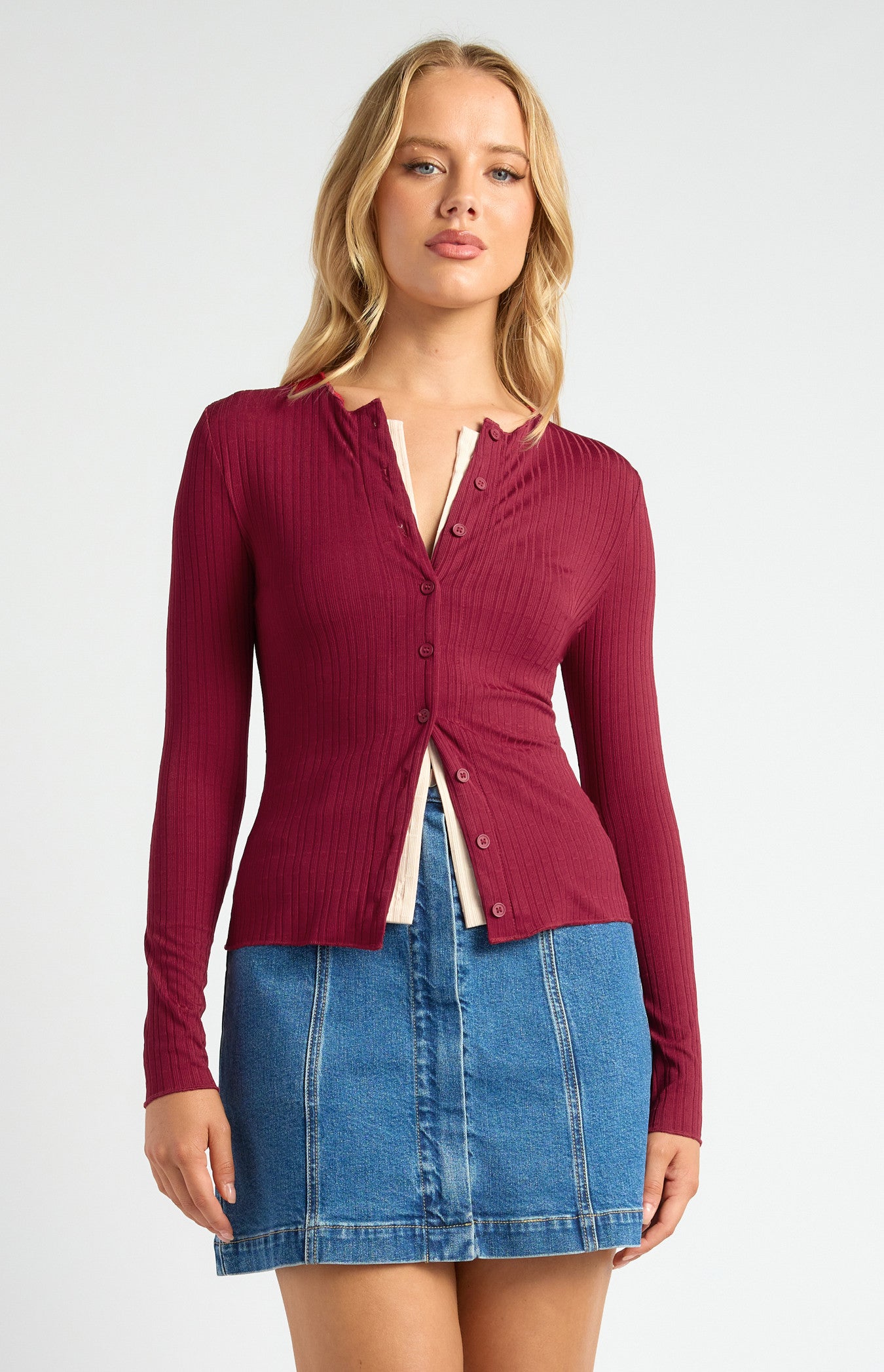 Contrast Detail Button-Up Textured Jersey Top