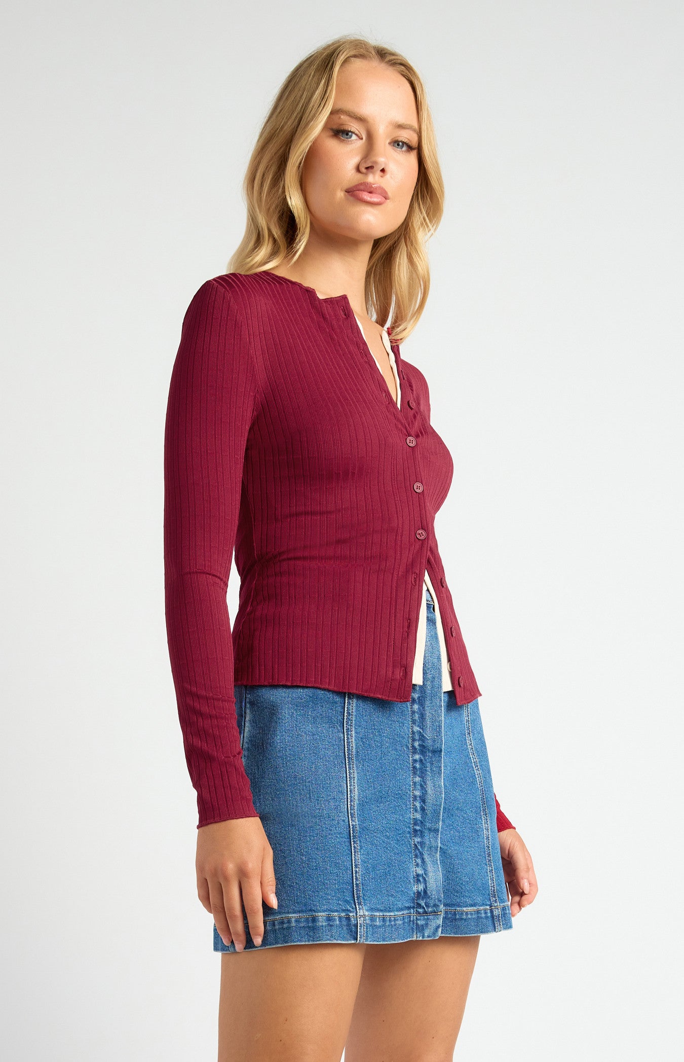 Contrast Detail Button-Up Textured Jersey Top