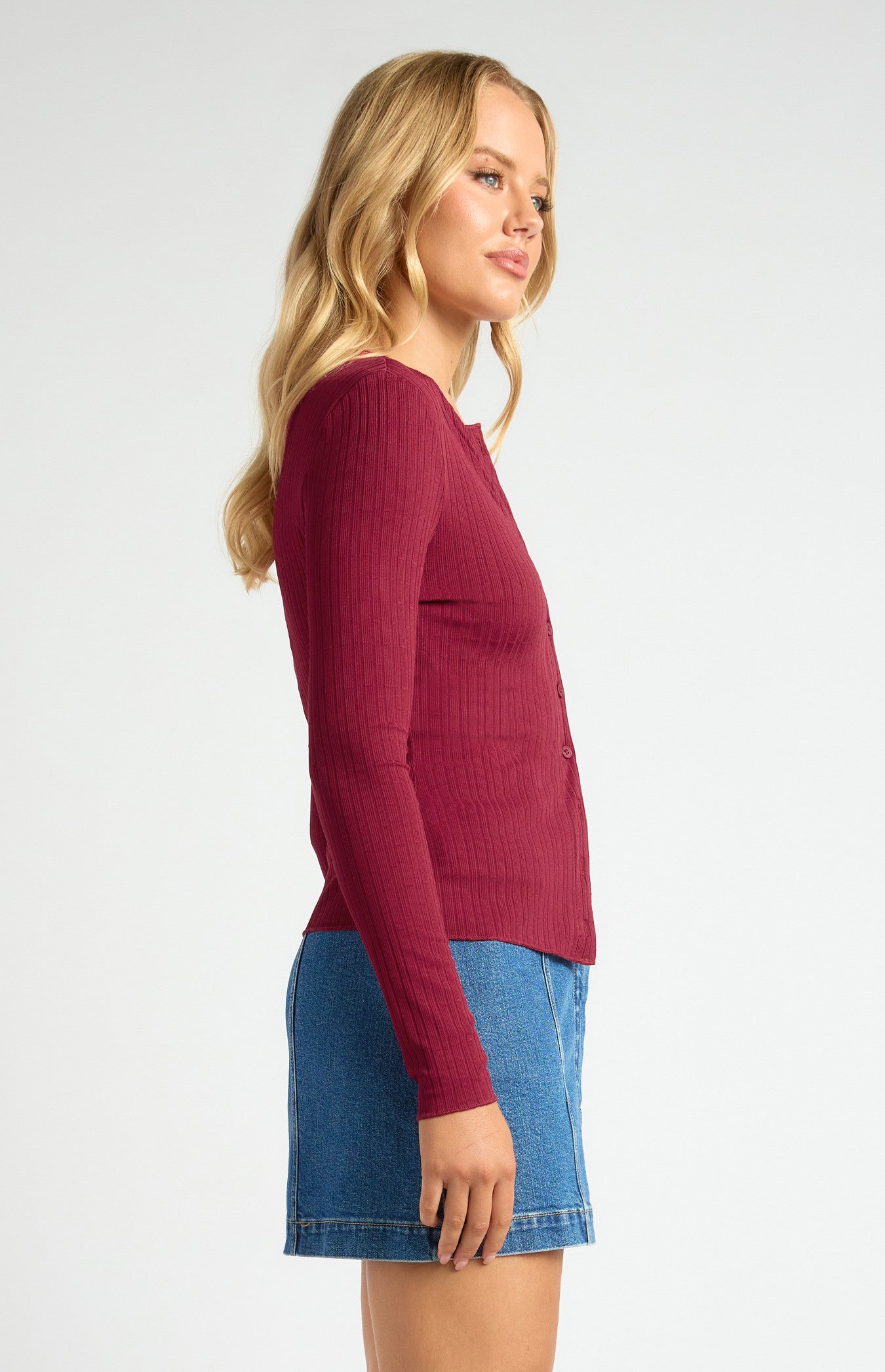 Contrast Detail Button-Up Textured Jersey Top